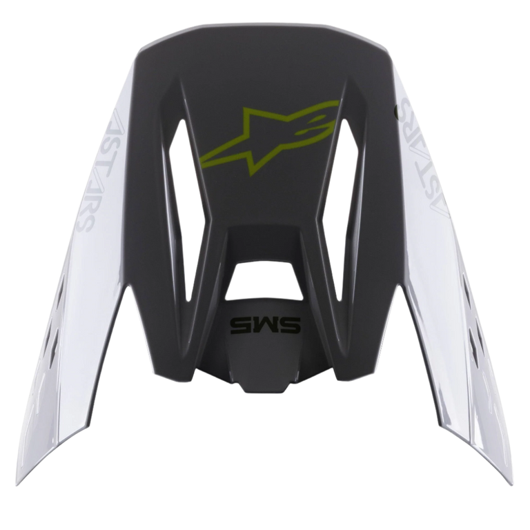 Visera Alpinestars S-M5 Bond, accesorio para casco, plateado y amarillo flúor brillante, sección central gris oscuro con logotipo amarillo flúor, paneles laterales plateados con la marca Astars, acabado brillante, visera de repuesto para cascos de motocross S-M5