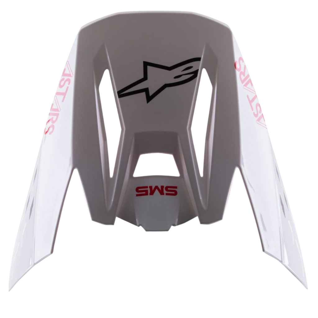Visera Alpinestars S-M5 Bond blanca y roja brillante, visera de repuesto para casco de motocross con acabado blanco brillante, logotipos 'SM5' y 'ASTARS' en rojo, logotipo central de estrella negra, accesorio a presión para equipamiento de carreras off-road
