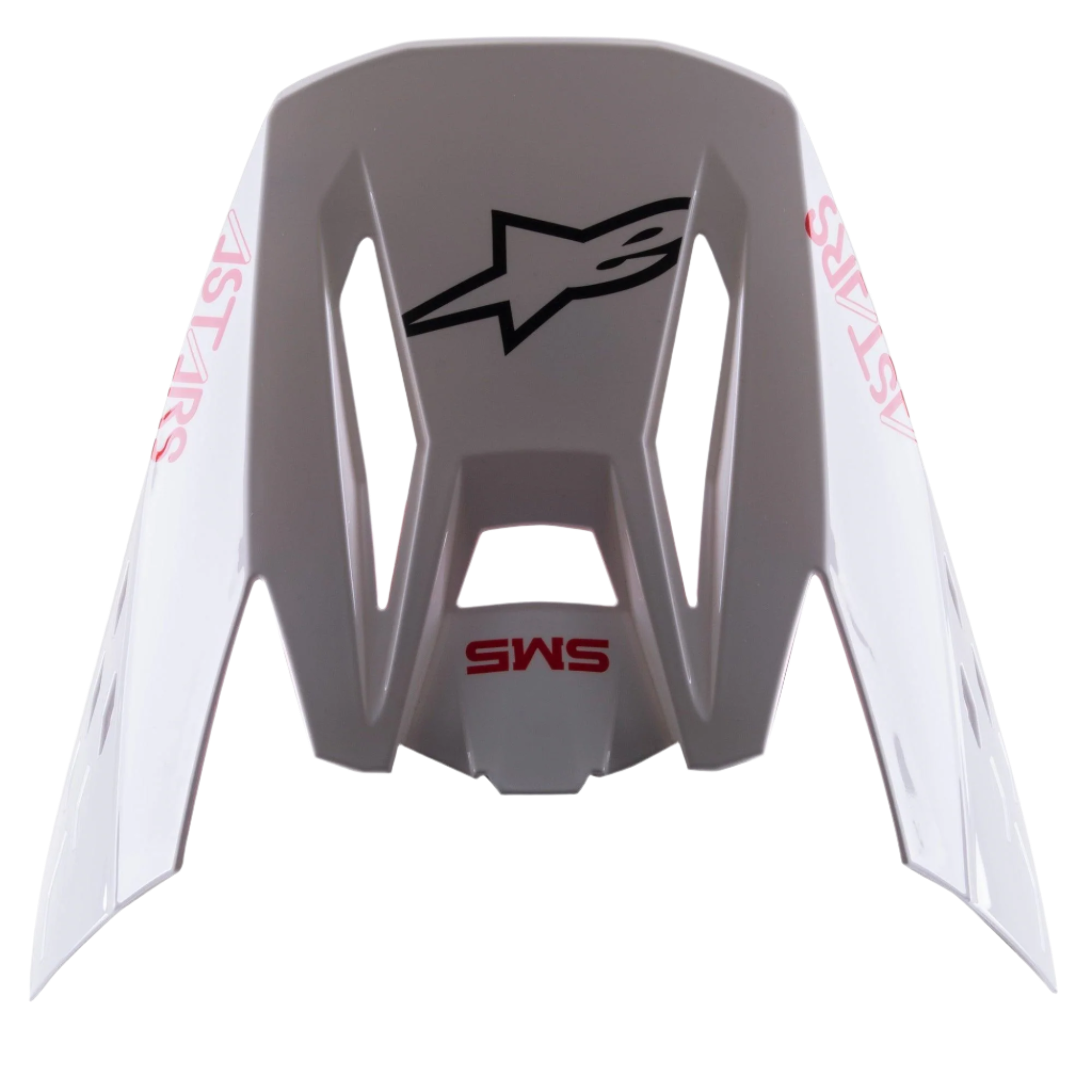 Visera Alpinestars S-M5 Bond blanca y roja brillante, visera de repuesto para casco de motocross con acabado blanco brillante, logotipos 'SM5' y 'ASTARS' en rojo, logotipo central de estrella negra, accesorio a presión para equipamiento de carreras off-road