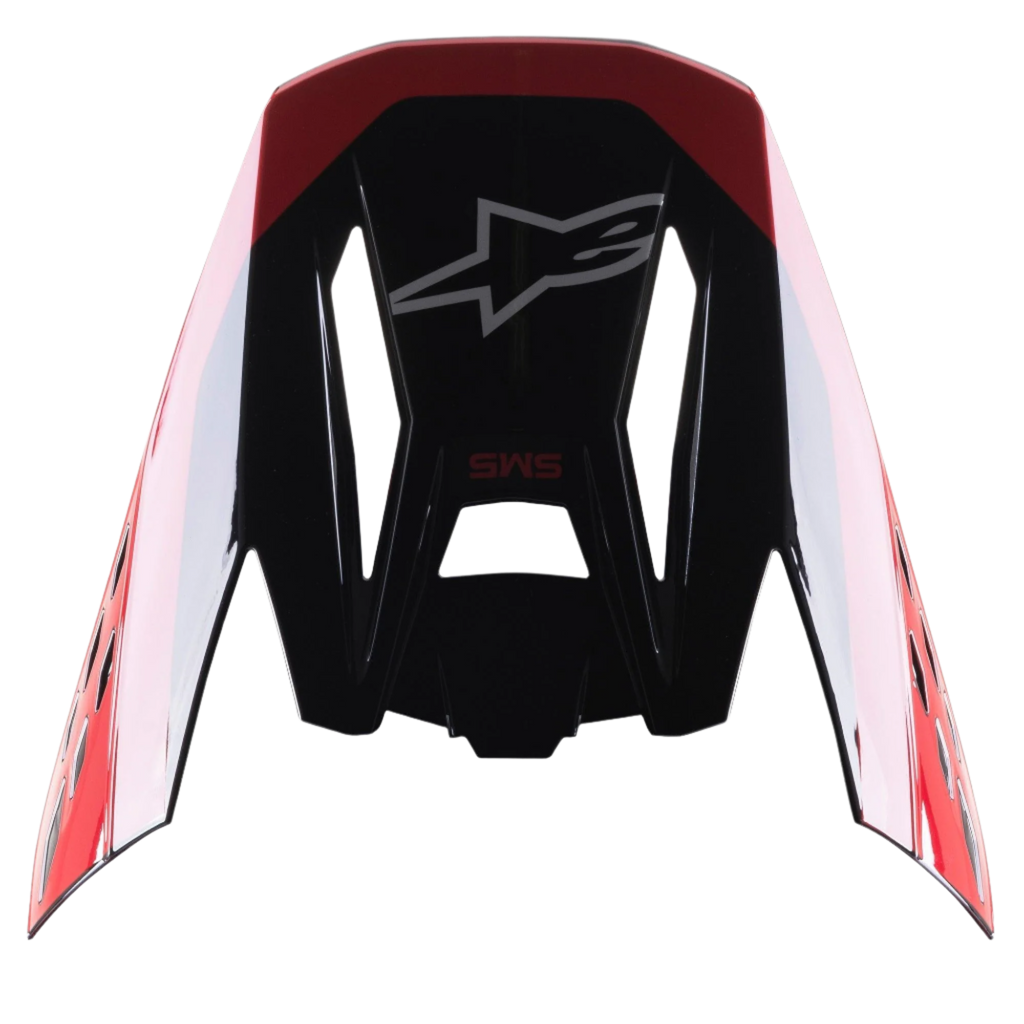 Visera Alpinestars S-M5 Beam Negro Rojo Brillo, pieza de repuesto para casco de motocross, acabado brillante con detalles en rojo, con el logotipo de Astars y el texto SM5, diseñada para competiciones de motocross y off-road
