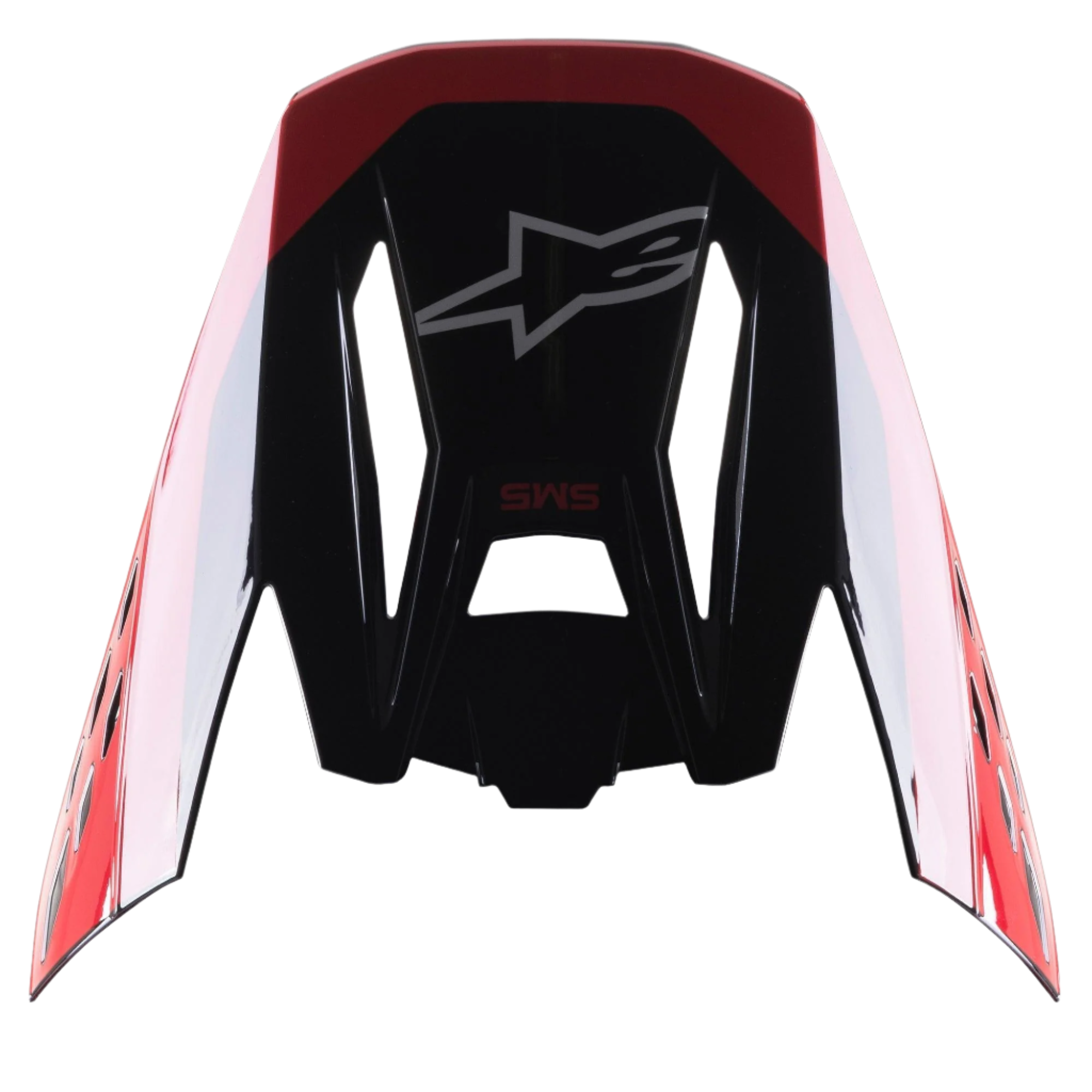 Visera Alpinestars S-M5 Beam Negro Rojo Brillo, pieza de repuesto para casco de motocross, acabado brillante con detalles en rojo, con el logotipo de Astars y el texto SM5, diseñada para competiciones de motocross y off-road