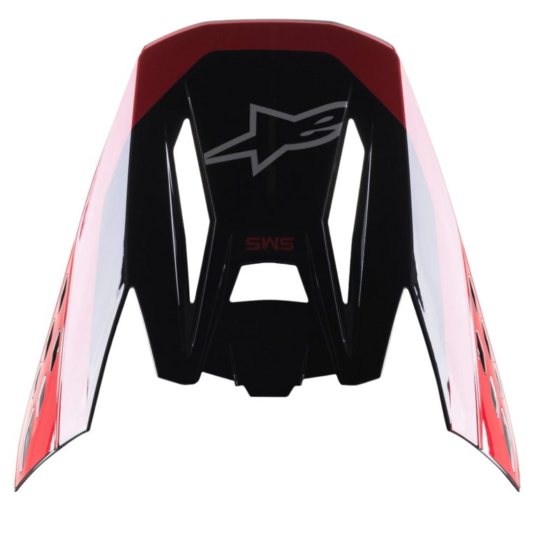 Visera Alpinestars S-M5 Beam Negro Rojo Brillo, pieza de repuesto para casco de motocross, acabado brillante con detalles en rojo, con el logotipo de Astars y el texto SM5, diseñada para competiciones de motocross y off-road