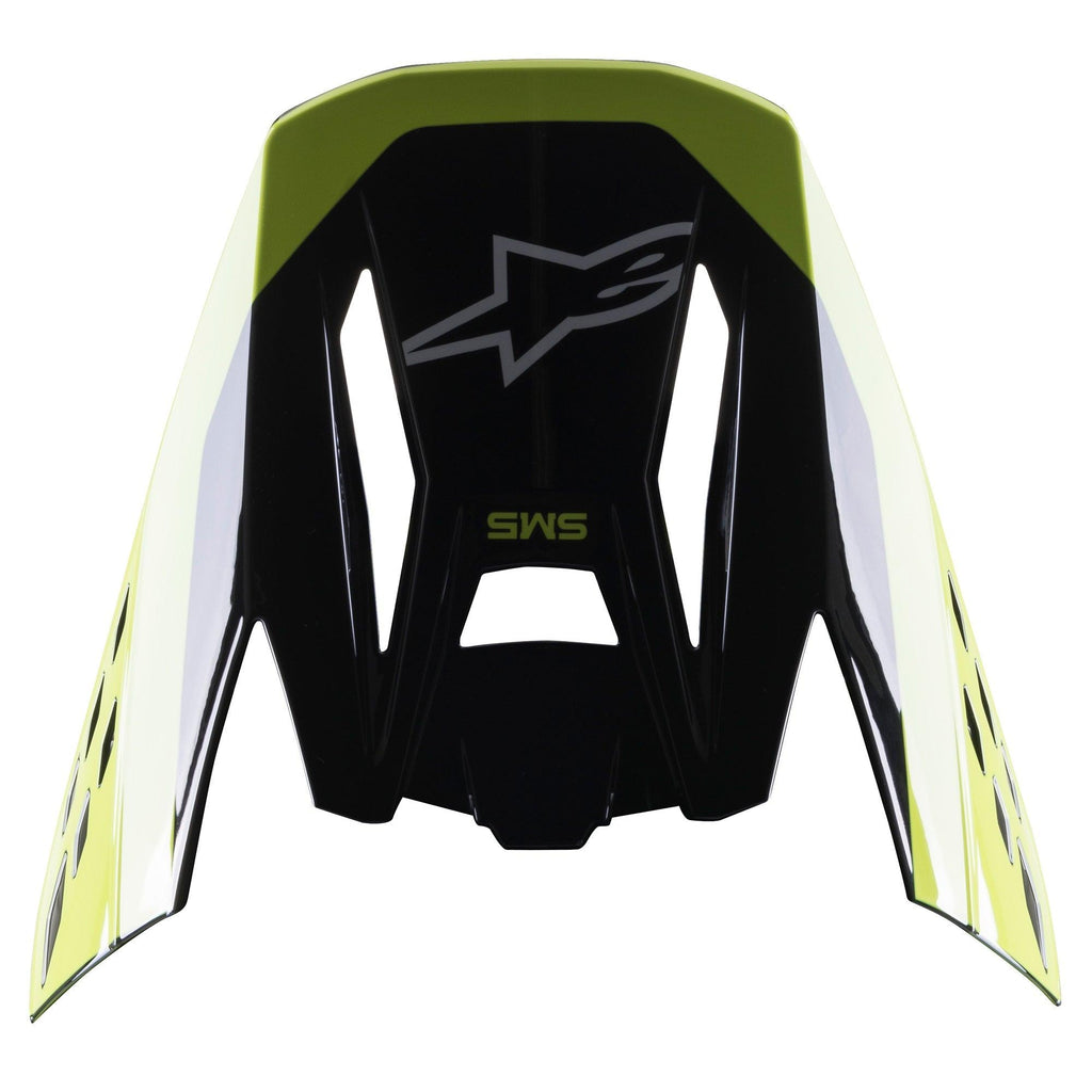 Visera Alpinestars S-M5 Beam, accesorio para casco de motocross, negro y amarillo flúor brillante, con la marca S-M5 y el logotipo de Alpinestars, acabado brillante para cascos de competición todoterreno