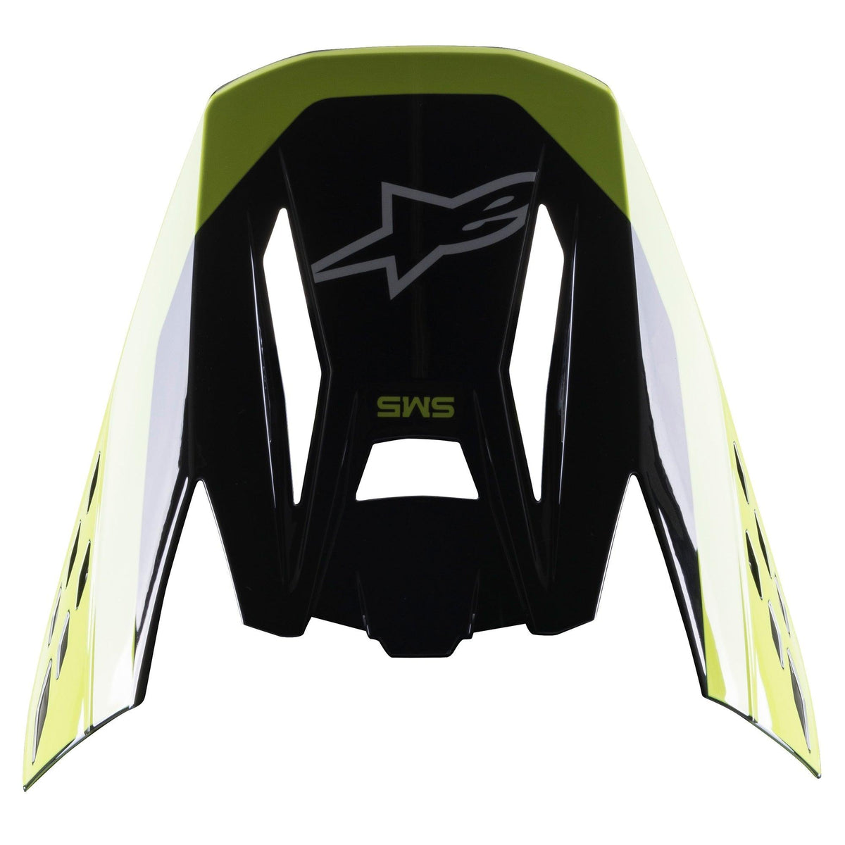 Visera Alpinestars S-M5 Beam, accesorio para casco de motocross, negro y amarillo flúor brillante, con la marca S-M5 y el logotipo de Alpinestars, acabado brillante para cascos de competición todoterreno