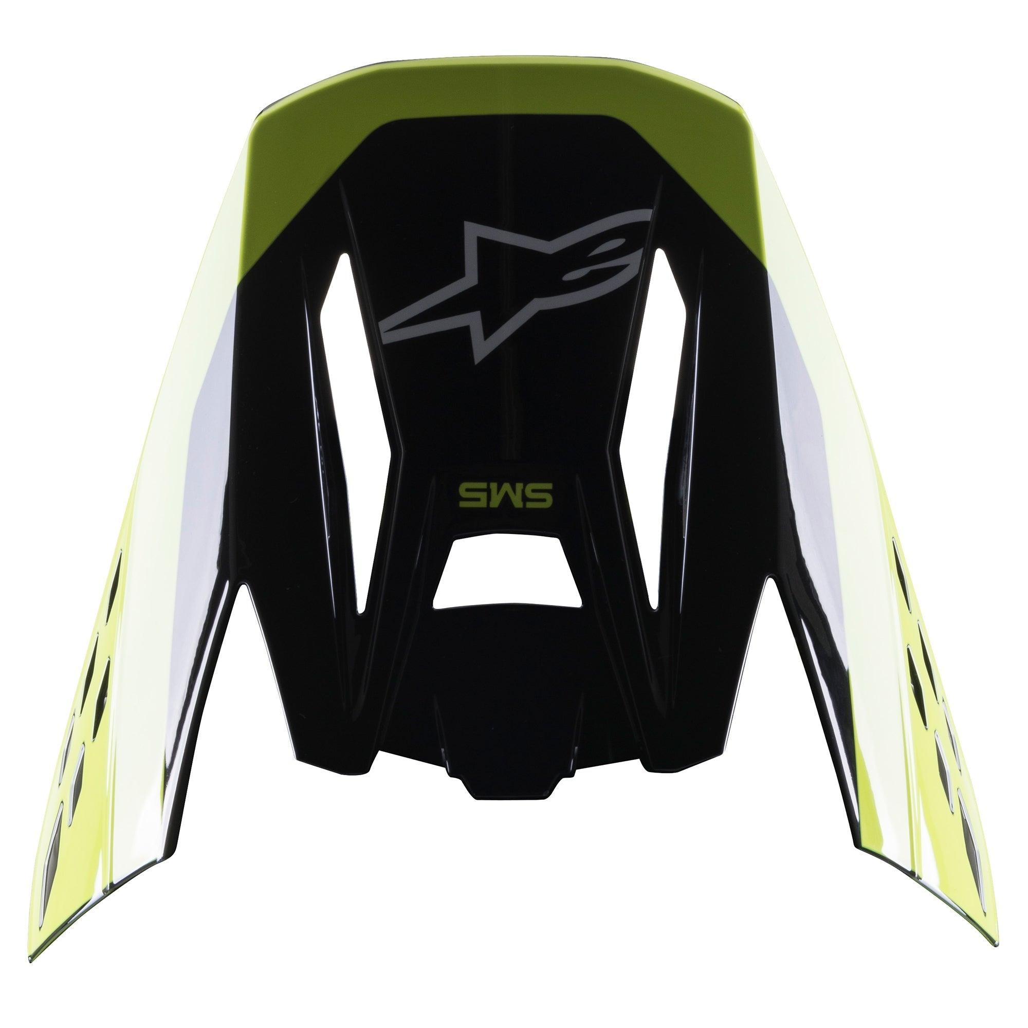 Visera Alpinestars S-M5 Beam, accesorio para casco de motocross, negro y amarillo flúor brillante, con la marca S-M5 y el logotipo de Alpinestars, acabado brillante para cascos de competición todoterreno