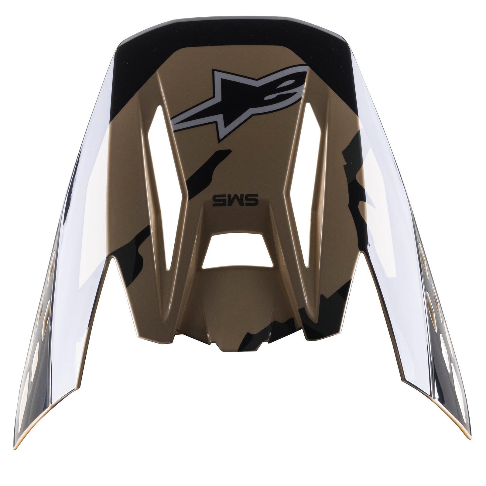 Visera Alpinestars S-M5 Rover, repuesto para casco de motocross, diseño de camuflaje arena y mandarina brillante, patrón de camuflaje en color arena y negro con acabado de alto brillo, incluye el logotipo de la estrella de Alpinestars y la marca SM5