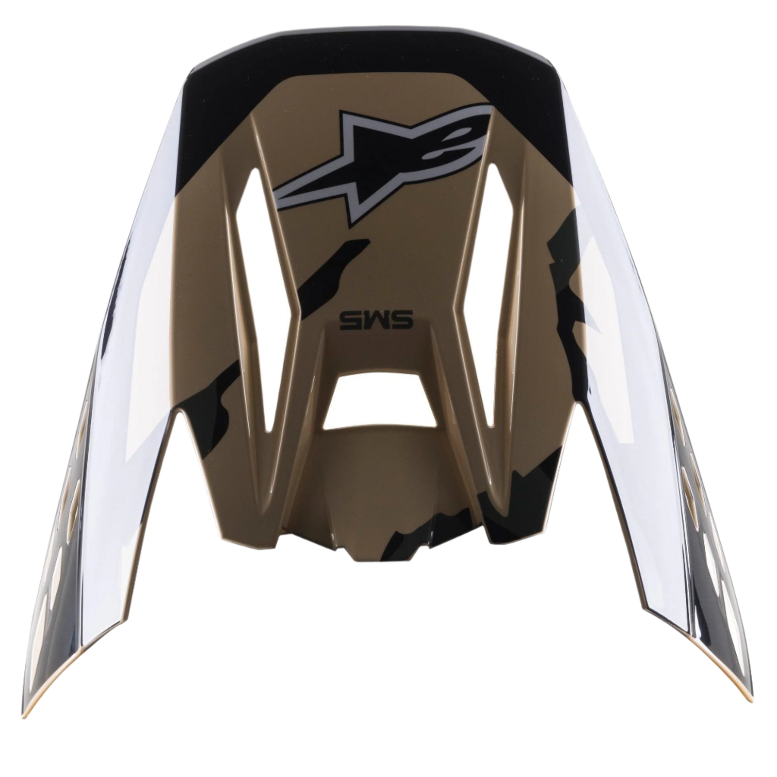 Alpinestars S-M5 Rover Visor, visera de repuesto para casco, camuflaje Sand Tangerine brillante, base marrón con detalles de camuflaje negros, con logotipo de Alpinestars y marca SM5, diseño angular para motocross