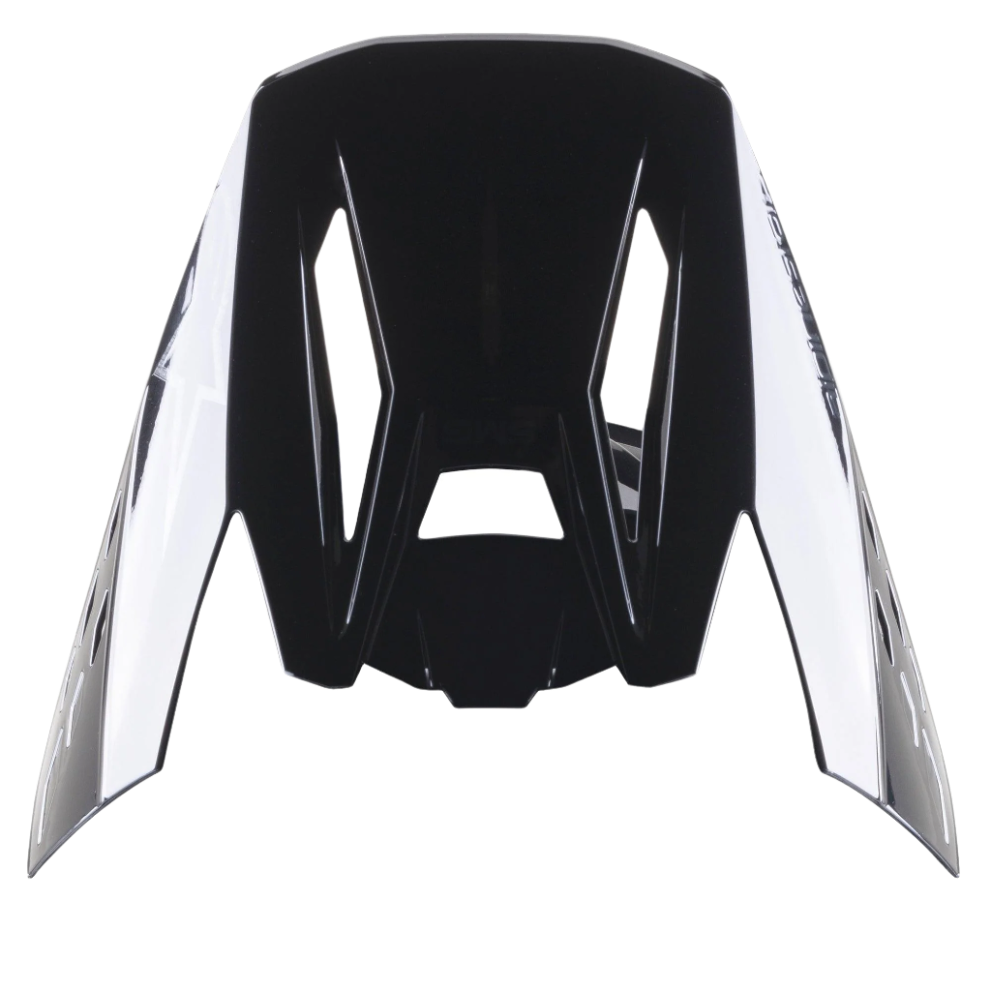 Visera Alpinestars S-M5 Scout, visera de repuesto para cascos de motocross en color negro y plata brillante, diseño aerodinámico con logotipos laterales y ranuras de ventilación, acabado de alto brillo
