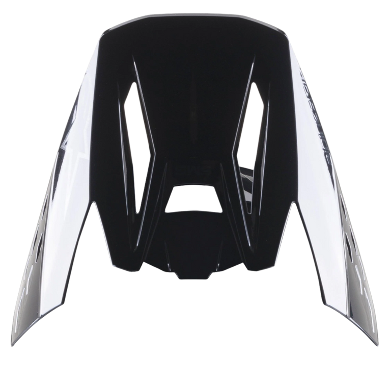 Visera Alpinestars S-M5 Scout, visera de repuesto para cascos de motocross en color negro y plata brillante, diseño aerodinámico con logotipos laterales y ranuras de ventilación, acabado de alto brillo
