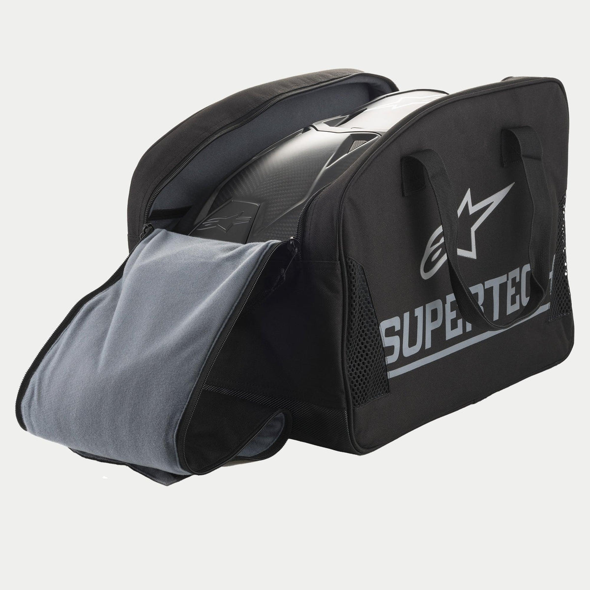 Alpinestars Supertech bolsota semi-rígida para casco de moto, negro y gris, con gran logotipo plateado y forro interior suave