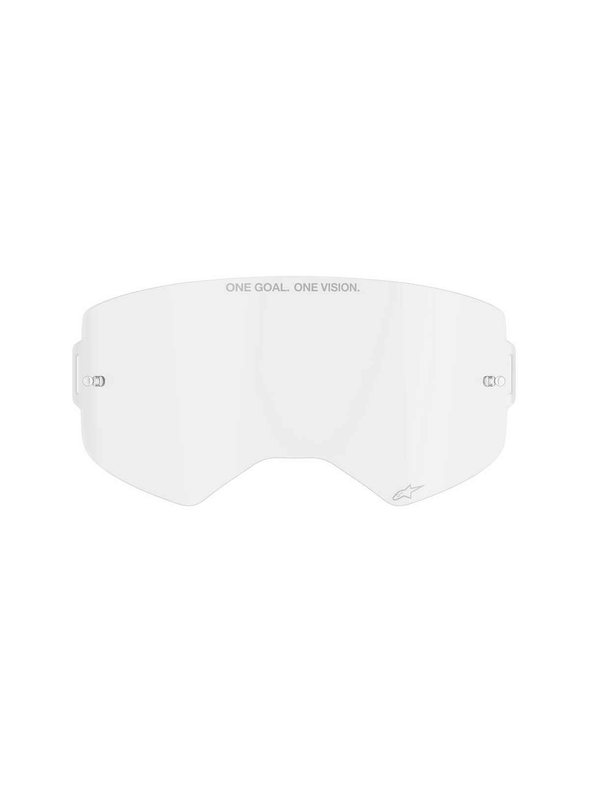 Alpinestars Supertech Clear Lens, lente de repuesto para gafas de motocross, policarbonato transparente resistente a los impactos, texto "ONE GOAL. ONE VISION." en la parte superior y pequeño detalle del logotipo, incluye puntos de montaje laterales para tear-offs