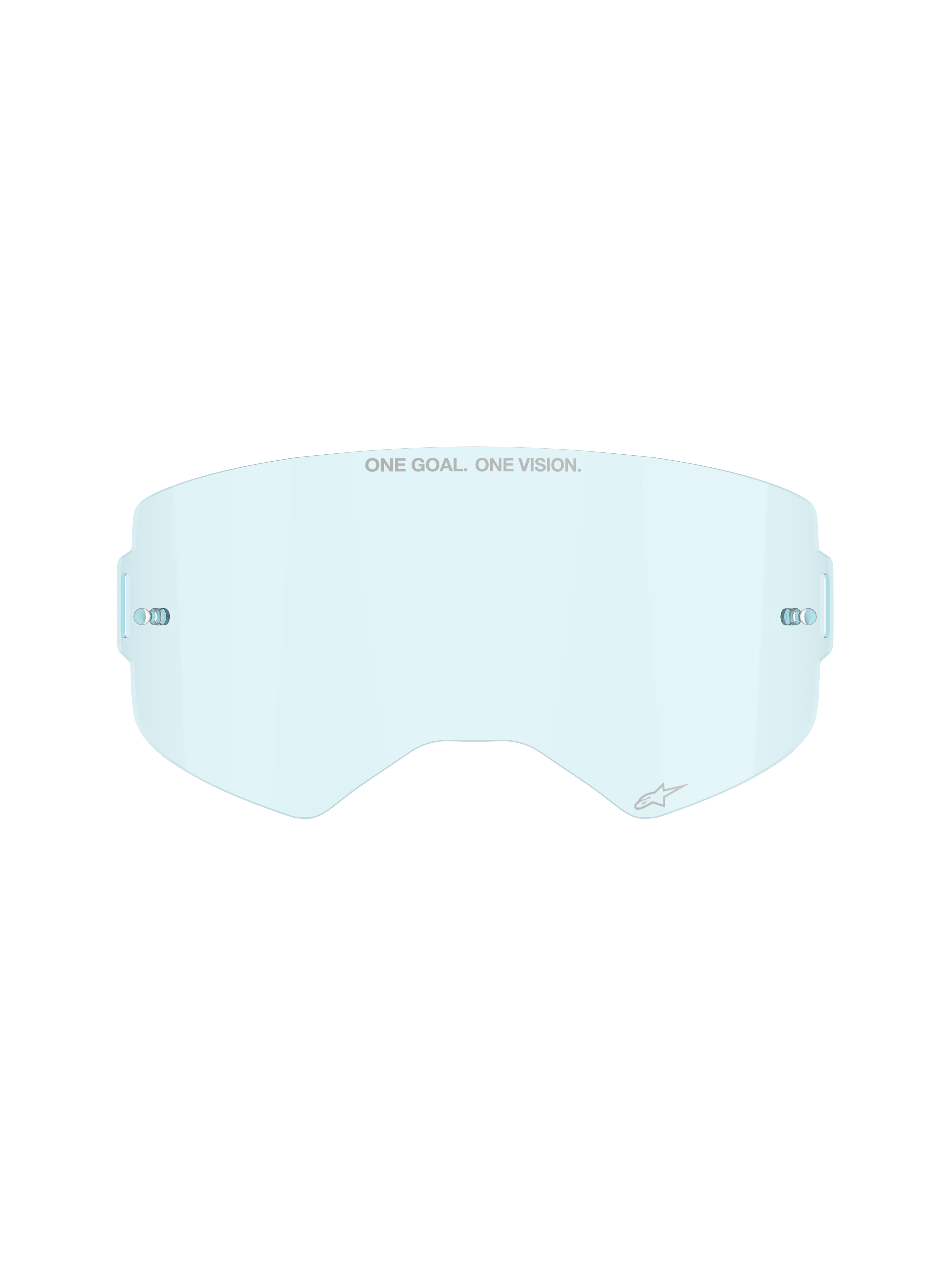 Alpinestars Supertech Clear Lens en Clear Blue, lente de repuesto para gafas de motocross, con el lema ONE GOAL ONE VISION y pivotes integrados para tear-offs, diseño curvo de policarbonato resistente a los impactos