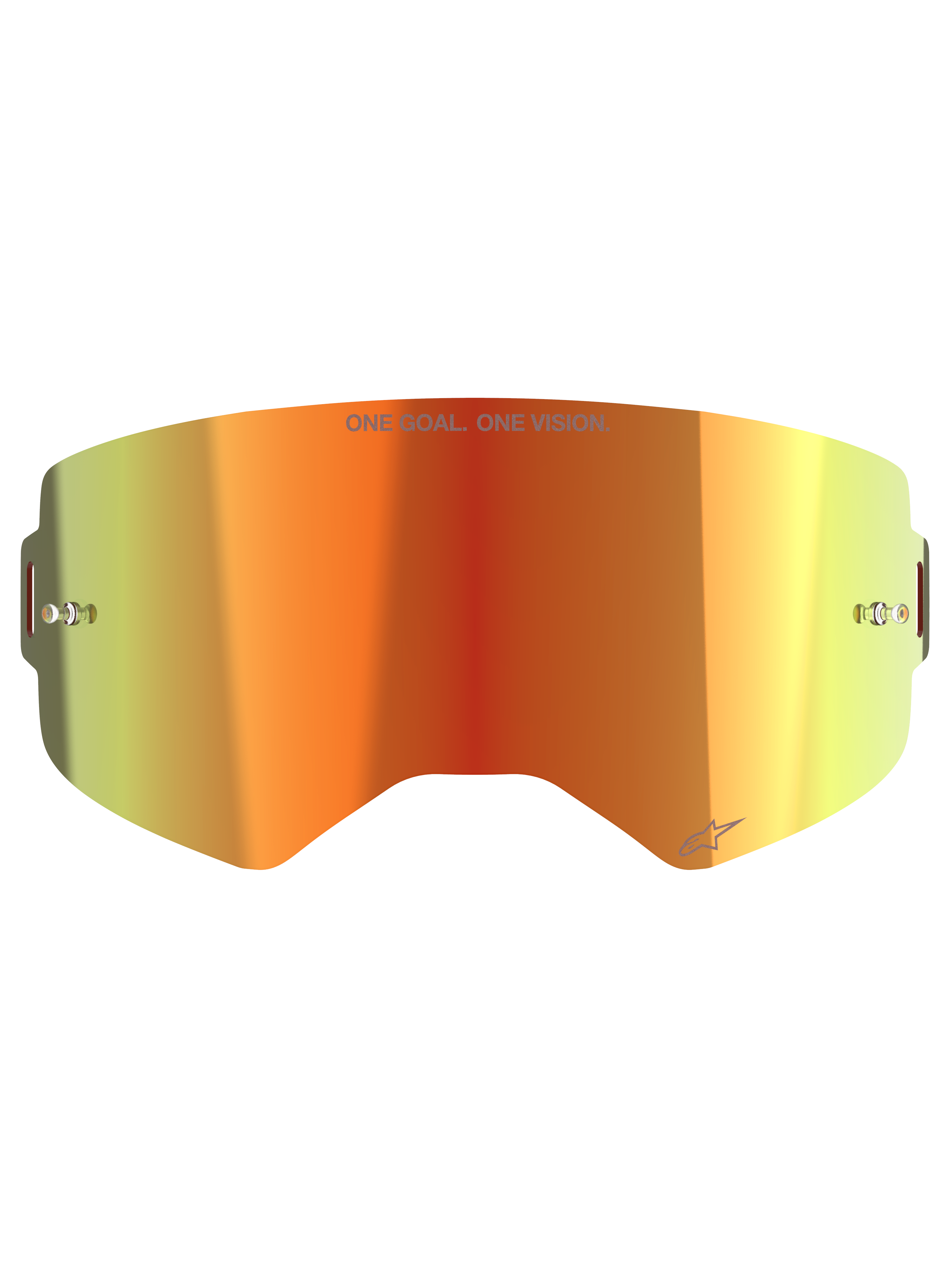 Lente de espejo Alpinestars Supertech, lente de repuesto para gafas de motocross, color Mirror Red con degradado naranja y amarillo, con el texto "ONE GOAL. ONE VISION.", postes integrados para tear-offs y acabado reflectante para carreras off-road