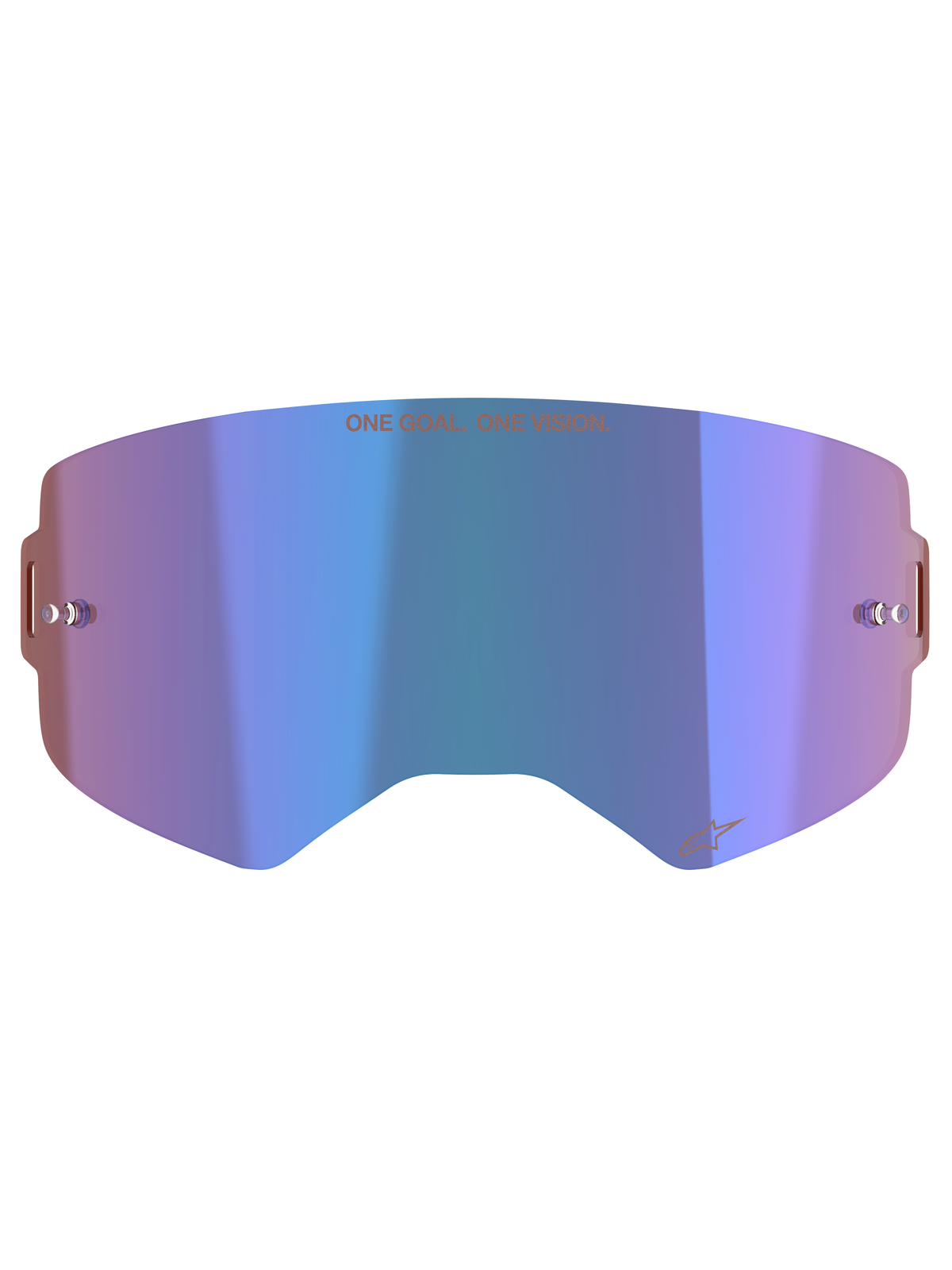 Lente Espejo Supertech Alpinestars, accesorio para gafas de motocross, azul espejo con tonos púrpuras, con tecnología Absolute Vision™, postes integrados para tear-off y eslogan 'ONE GOAL. ONE VISION.' en la parte superior