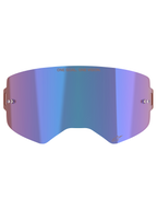 Alpinestars Supertech Mirror Lens, Motocross Goggle Accessory, Mirror Blue with purple hues, featuring Absolute Vision™ technology, integrated tear-off posts, and 'ONE GOAL. ONE VISION.' slogan across the top.
