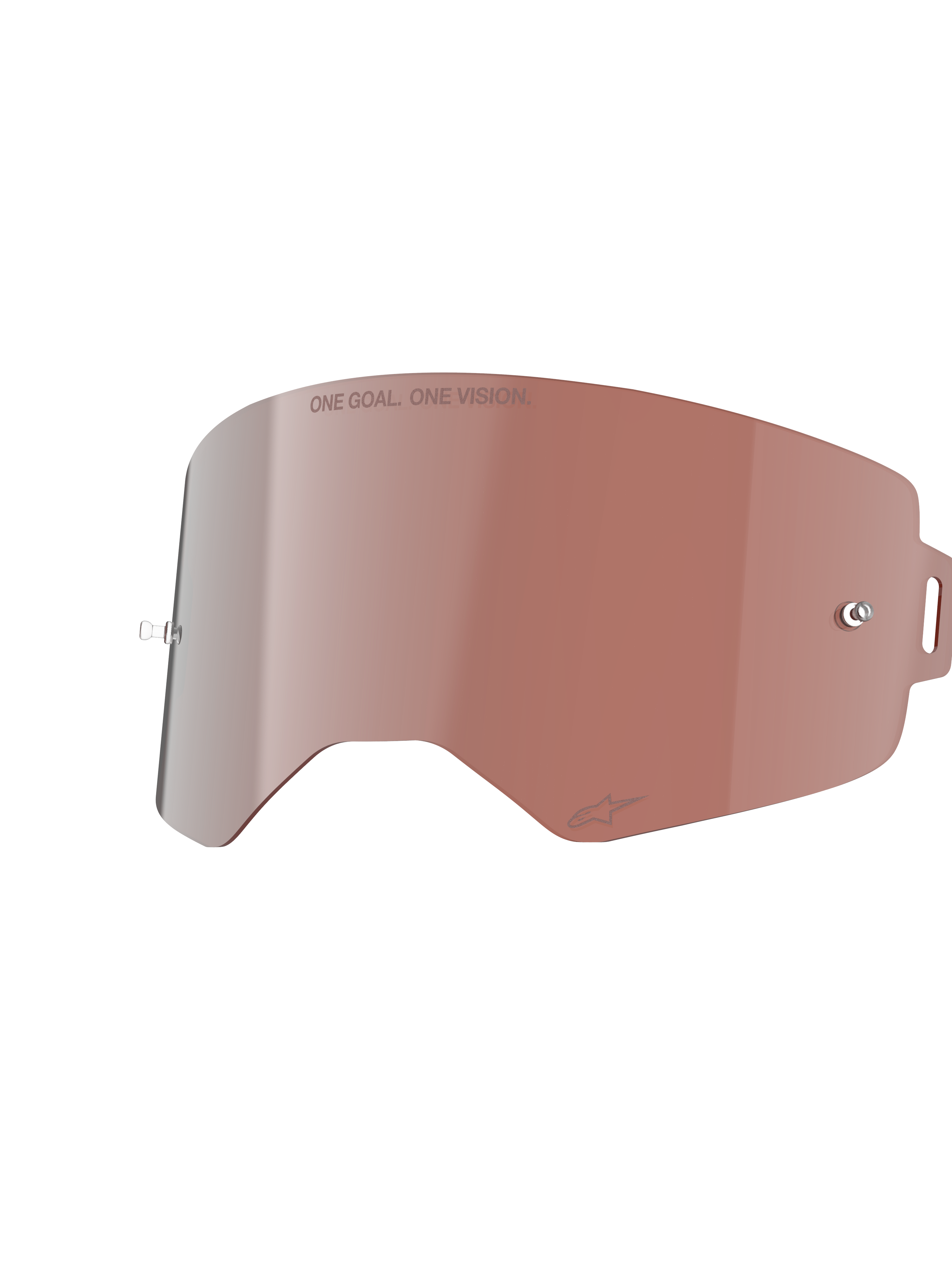 Alpinestars Supertech Mirror Lens, Goggle Replacement Lens, Mirror Silver with warm-colored tint, featuring 'ONE GOAL. ONE VISION.' text and tear-off posts, durable polycarbonate construction for motocross and off-road racing.