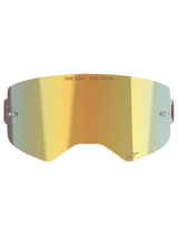 Lente Alpinestars Supertech Mirror Lens, lente de repuesto para gafas de motocross, acabado Mirror Gold con el texto 'ONE GOAL. ONE VISION.' y el logotipo de Alpinestars, incluye postes laterales para tear-offs, policarbonato duradero para carreras off-road