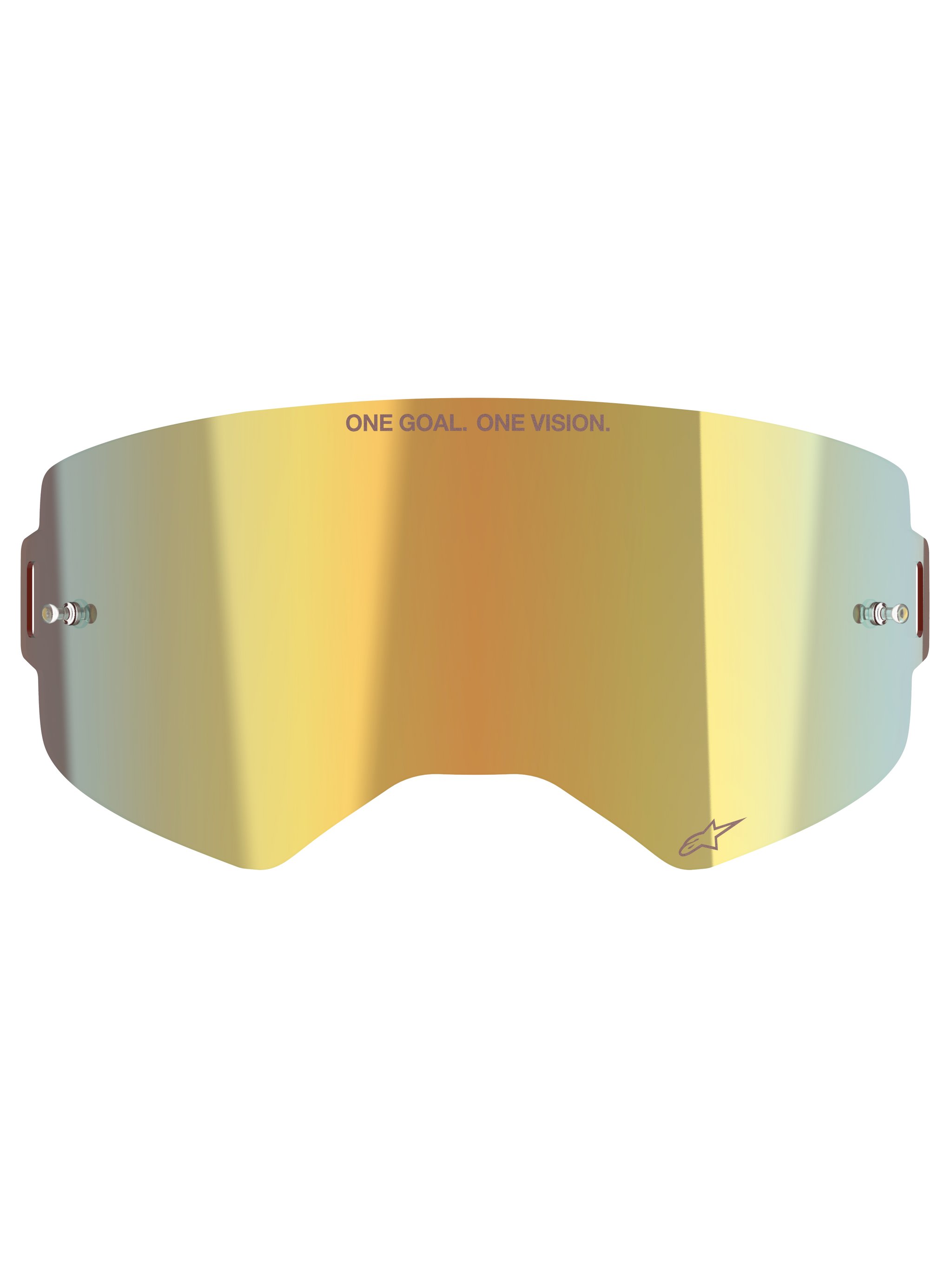 Lente Alpinestars Supertech Mirror Lens, lente de repuesto para gafas de motocross, acabado Mirror Gold con el texto 'ONE GOAL. ONE VISION.' y el logotipo de Alpinestars, incluye postes laterales para tear-offs, policarbonato duradero para carreras off-road