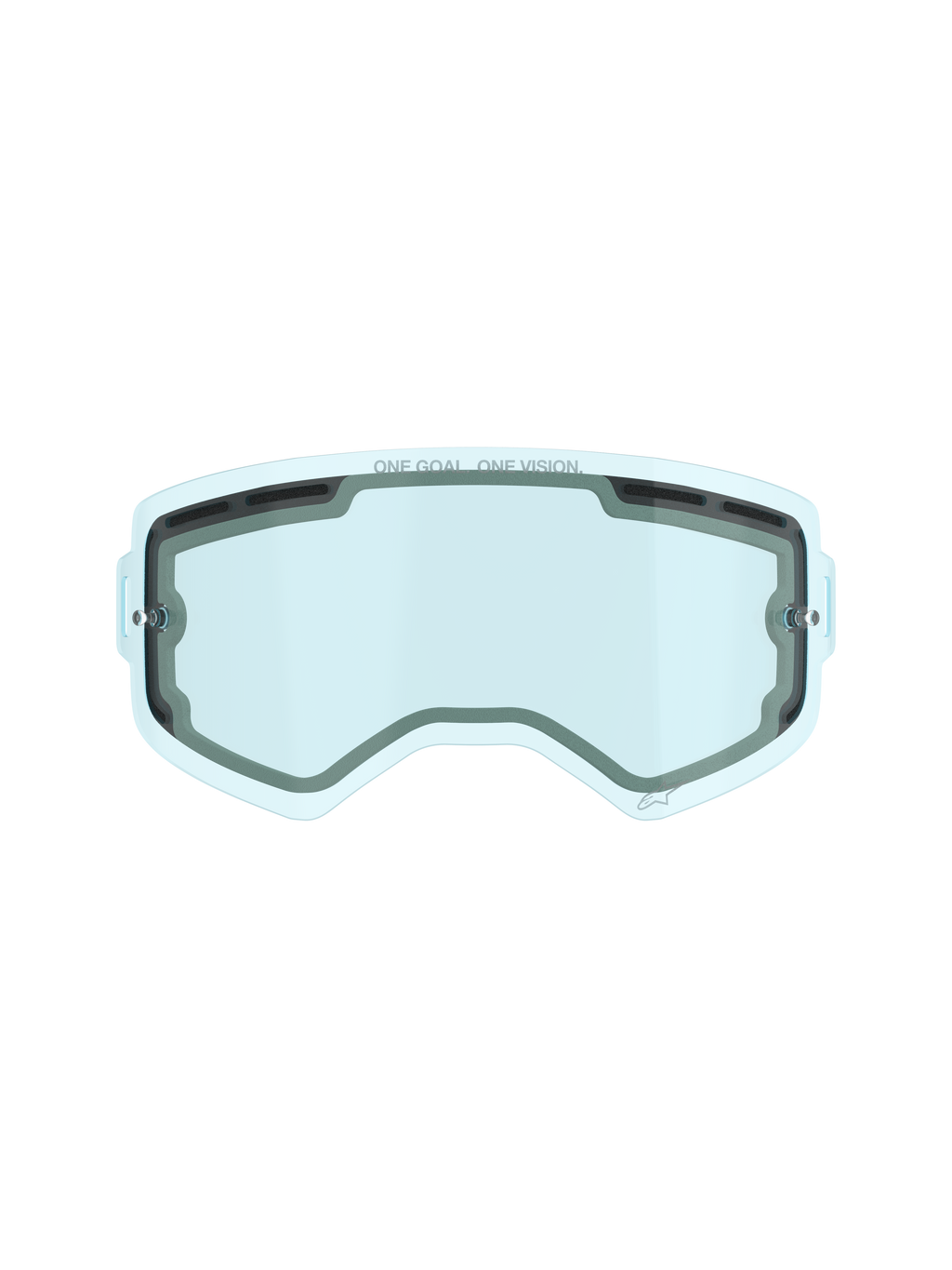 Alpinestars Supertech Dual Pane Vented Lens, lente de repuesto para gafas de motocross, tinte azul, con construcción de policarbonato de doble panel, sellado de espuma negra, puertos de ventilación superiores y laterales, marca 'ONE GOAL. ONE VISION.' y rendimiento antivaho para carreras off-road