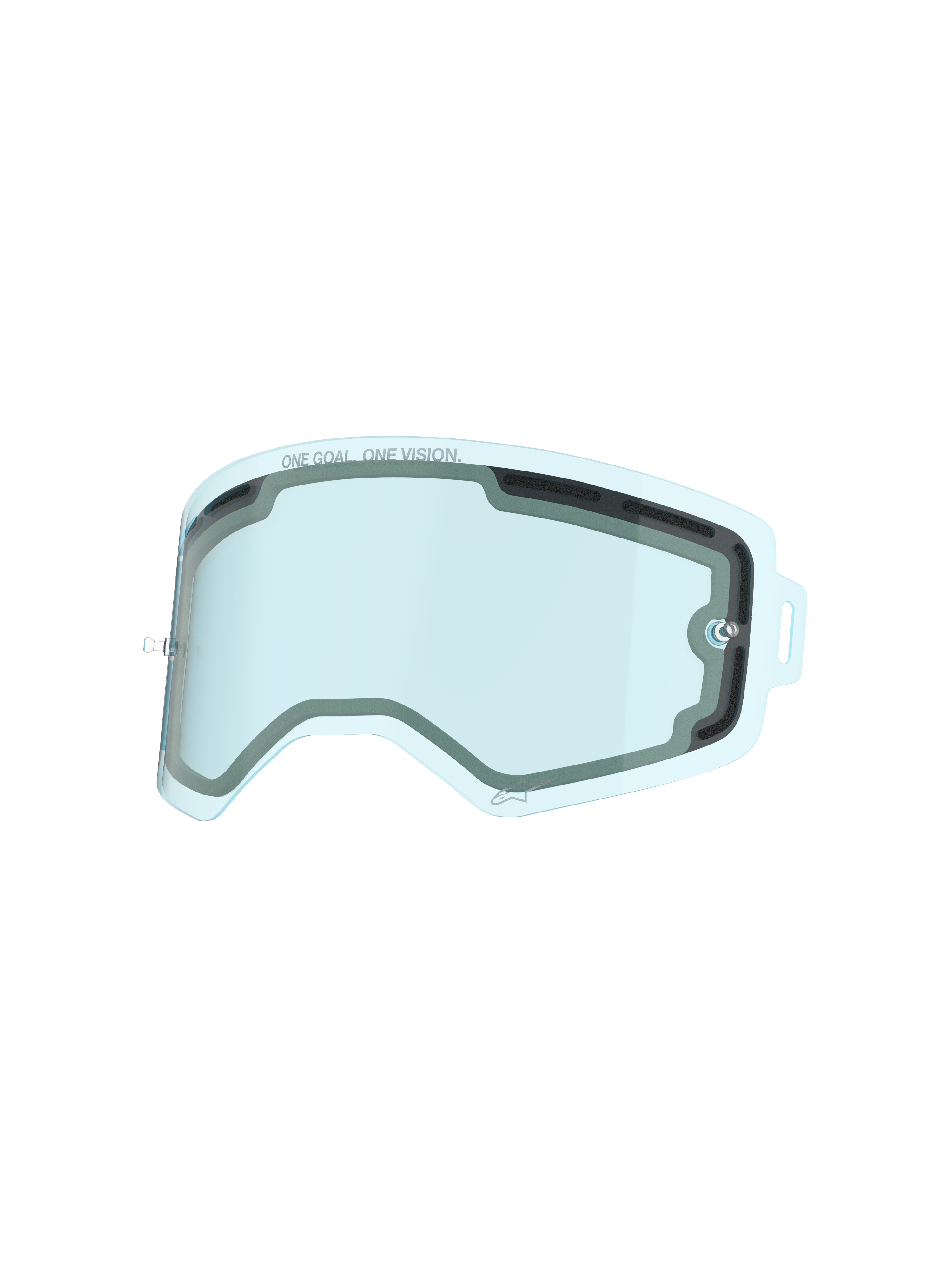 Alpinestars Supertech Lens, lente de gafas ventilada de doble panel con tinte azul, con el texto 'ONE GOAL. ONE VISION.', lente de repuesto de policarbonato resistente a los impactos para protección en motocross y carreras off-road