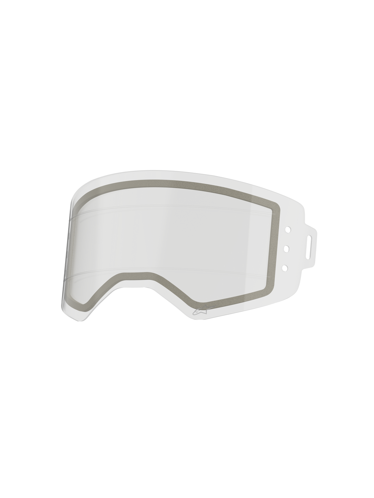 Lente Roll Off de doble panel Alpinestars Supertech, lente de repuesto transparente para gafas con construcción anti-vaho, sellado de neopreno gris y líneas de deslizamiento de silicona integradas, fabricada en policarbonato resistente a impactos.