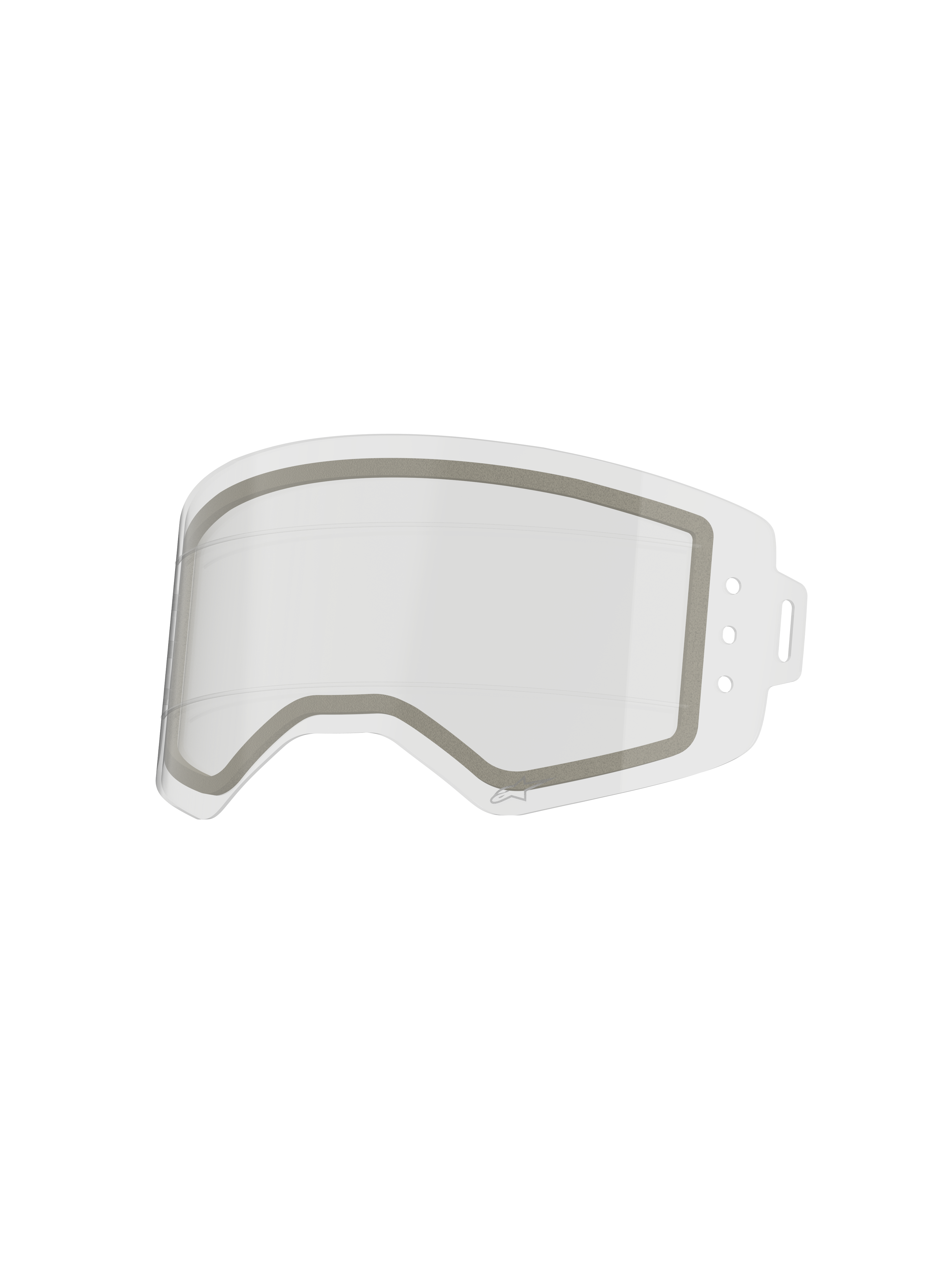 Lente Roll Off de doble panel Alpinestars Supertech, lente de repuesto transparente para gafas con construcción anti-vaho, sellado de neopreno gris y líneas de deslizamiento de silicona integradas, fabricada en policarbonato resistente a impactos.