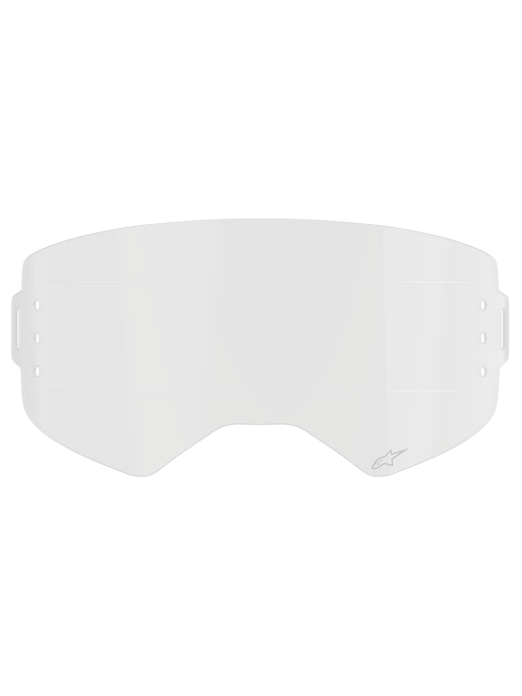 Alpinestars Supertech Roll Off Film, Clear Replacement Goggle Lens, transparent injection-molded polycarbonate with horizontal Glide Lines, featuring subtle Alpinestars logo, designed for motocross roll-off systems