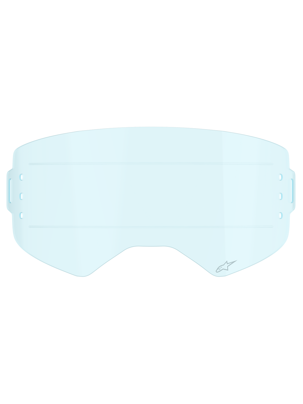Alpinestars Supertech Roll Off Lens, Motocross Goggle Accessory, Clear Blue, transparent light blue polycarbonate lens featuring horizontal glide lines for smooth film movement and side mounting slots for roll-off systems.