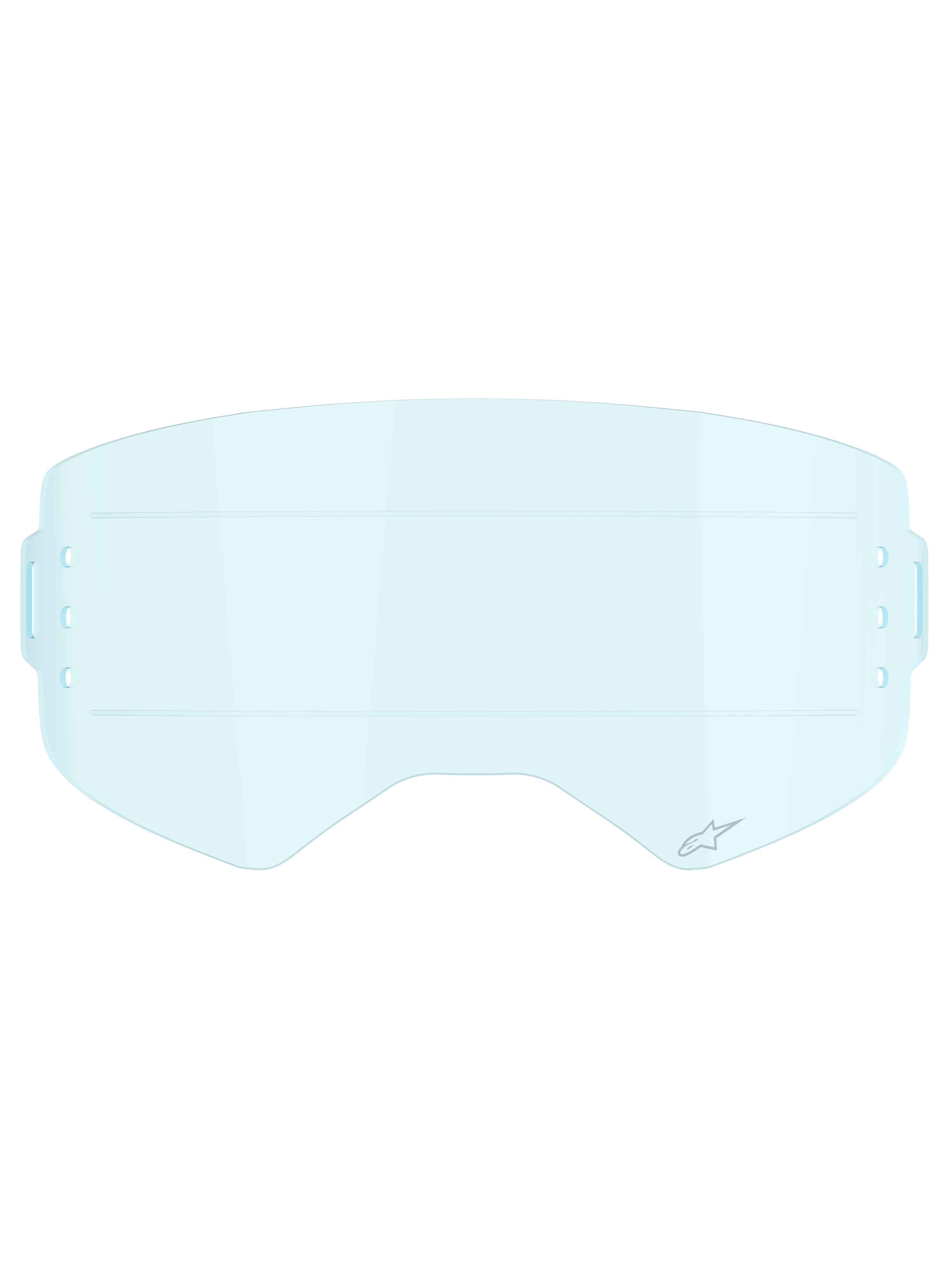 Alpinestars Supertech Roll Off Lens, Motocross Goggle Accessory, Clear Blue, transparent light blue polycarbonate lens featuring horizontal glide lines for smooth film movement and side mounting slots for roll-off systems.