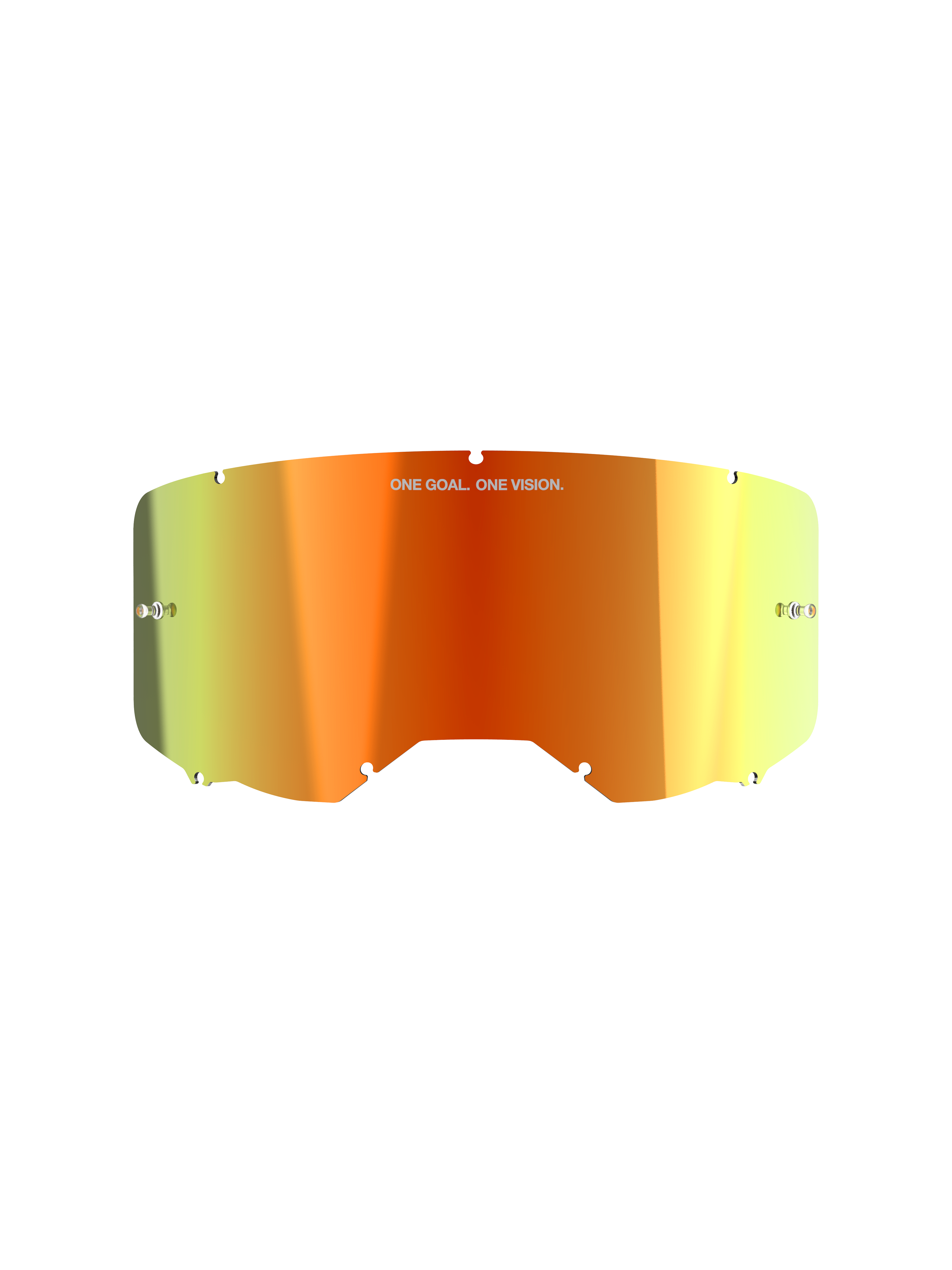 Alpinestars Vision 8-5-3 Mirror Lens, accesorio para gafas de motocross, acabado Mirror Red con degradado naranja y amarillo, con el texto 'ONE GOAL. ONE VISION.', postes integrados para tear-off y bordes con muescas para un montaje seguro en la montura.