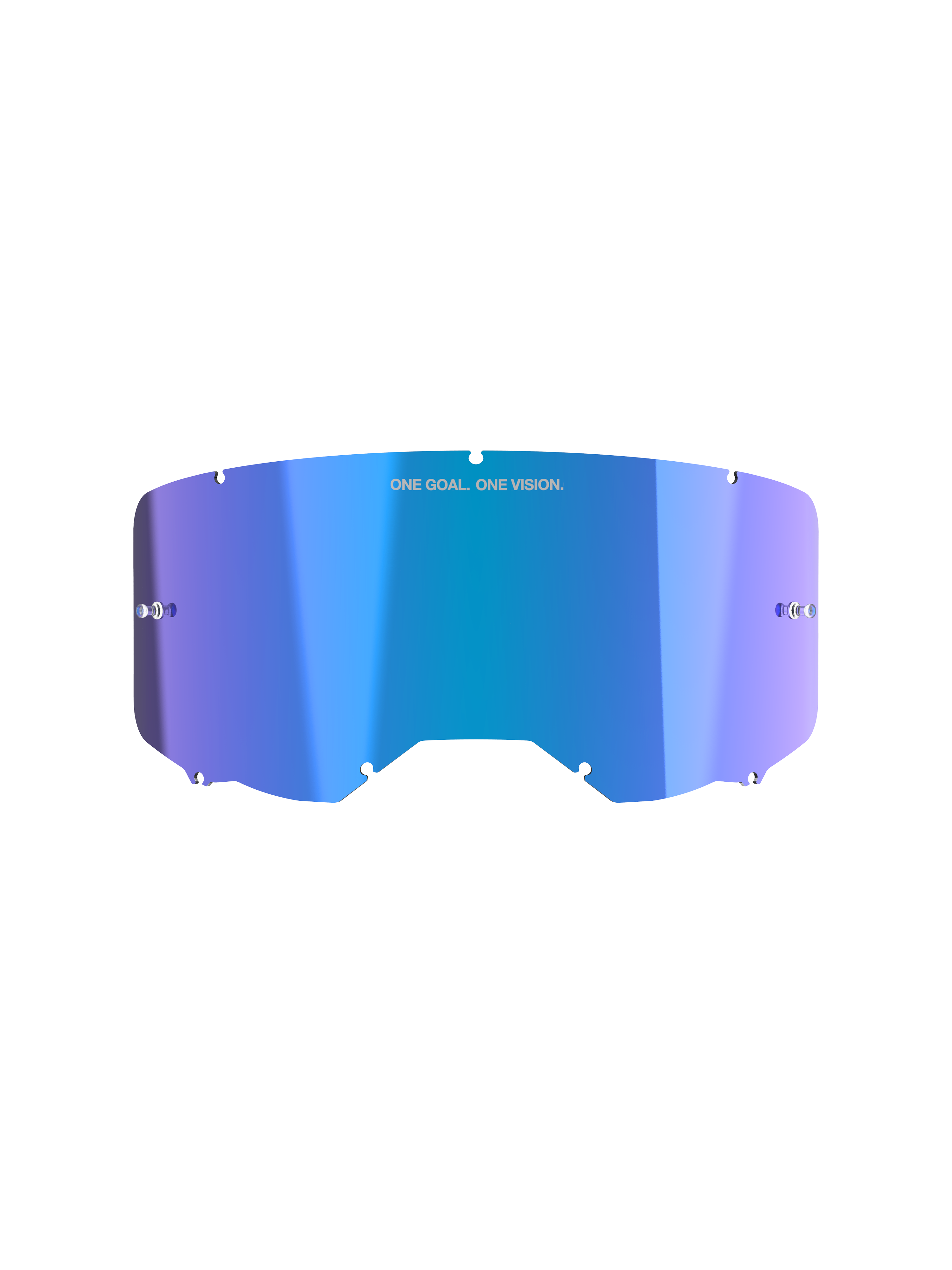 Alpinestars Vision 8-5-3 Mirror Lens, accesorio para gafas de motocross, azul espejo con degradado púrpura y acabado reflectante, incluye el lema 'ONE GOAL. ONE VISION.', diseño de policarbonato curvado con muescas de ajuste y postes para tear-off