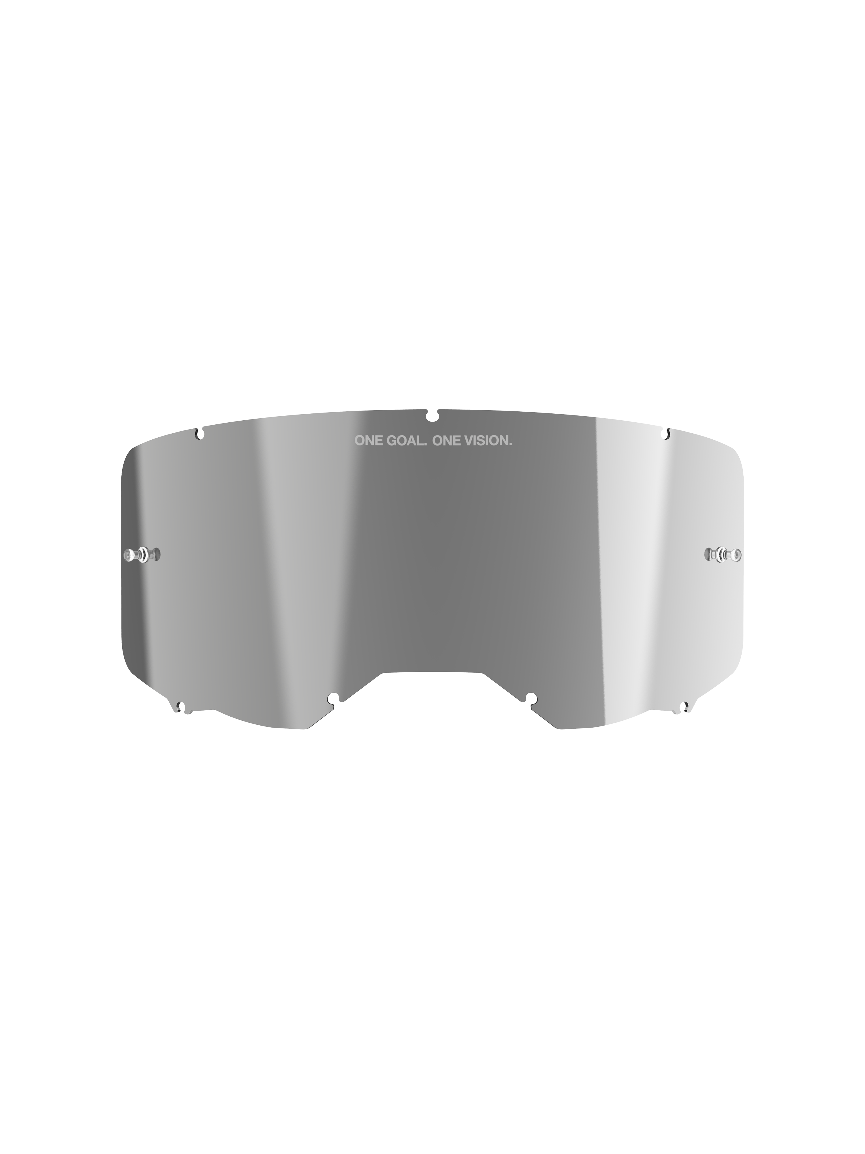 Alpinestars Vision 8-5-3 Mirror Lens, acabado reflectante plateado espejo, construcción de policarbonato curvado con la marca 'ONE GOAL. ONE VISION.', tetones integrados para tear-off, lente de repuesto para gafas de motocross