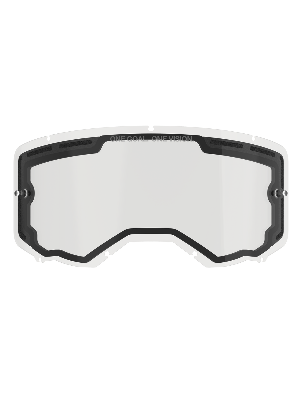 Lente Alpinestars Vision 8-5-3 Dual Pane, lente de repuesto transparente para gafas de motocross, con sello interno negro y puertos de ventilación superiores, postes laterales para tear-offs, marca "ONE GOAL ONE VISION" en el borde superior, accesorio para carreras off-road