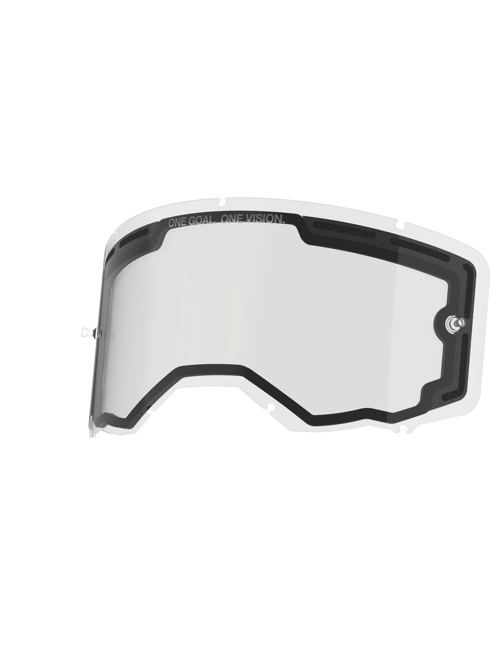 Alpinestars Vision 8-5-3 Lens Dual Pane, lente de repuesto transparente para gafas, con construcción de doble panel, ventilación con espuma, postes de tear-off integrados y sistema de bloqueo de siete orificios, con "ONE GOAL. ONE VISION." impreso en el borde superior