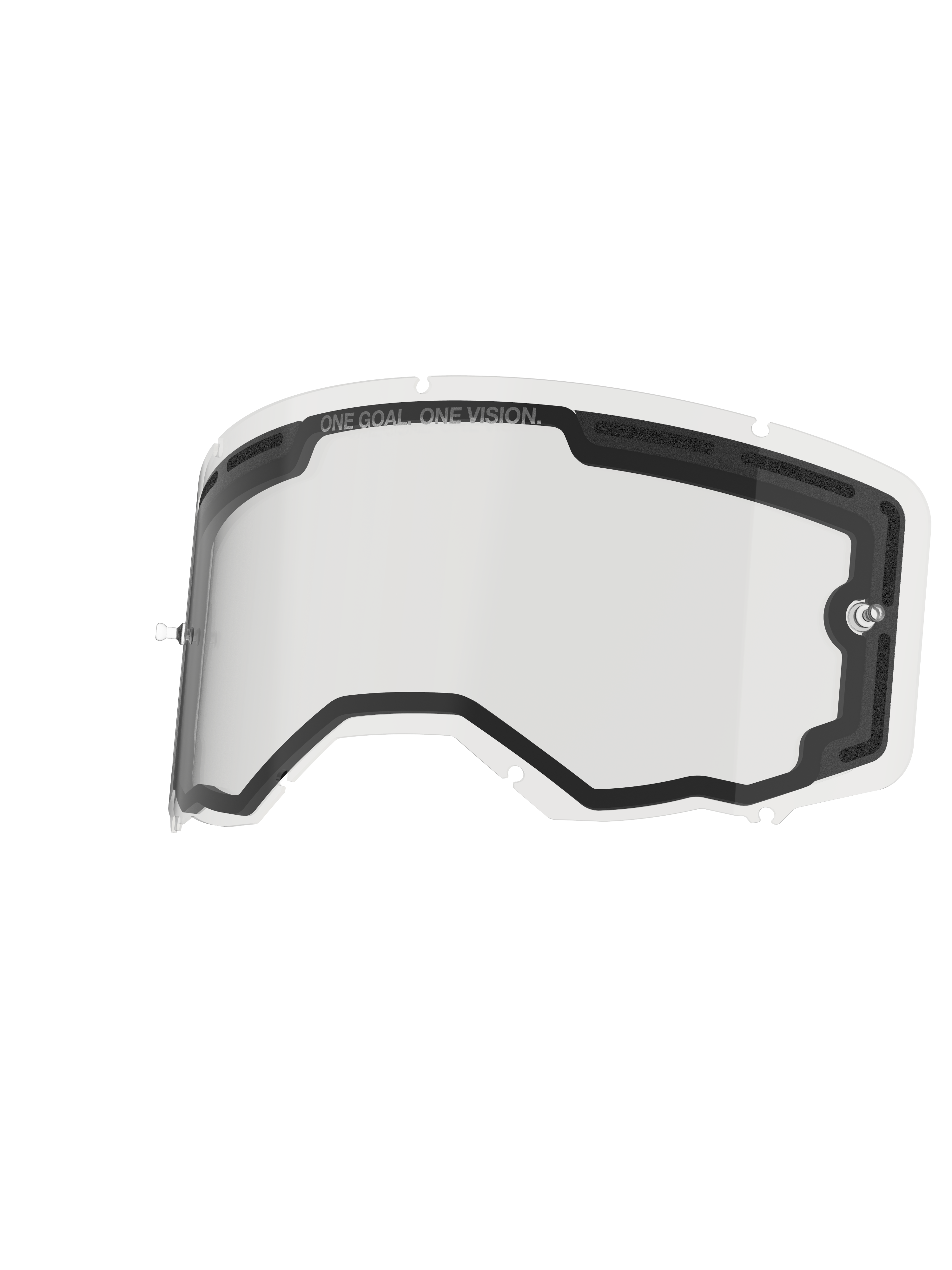 Alpinestars Vision 8-5-3 Lens Dual Pane, lente de repuesto transparente para gafas, con construcción de doble panel, ventilación con espuma, postes de tear-off integrados y sistema de bloqueo de siete orificios, con "ONE GOAL. ONE VISION." impreso en el borde superior