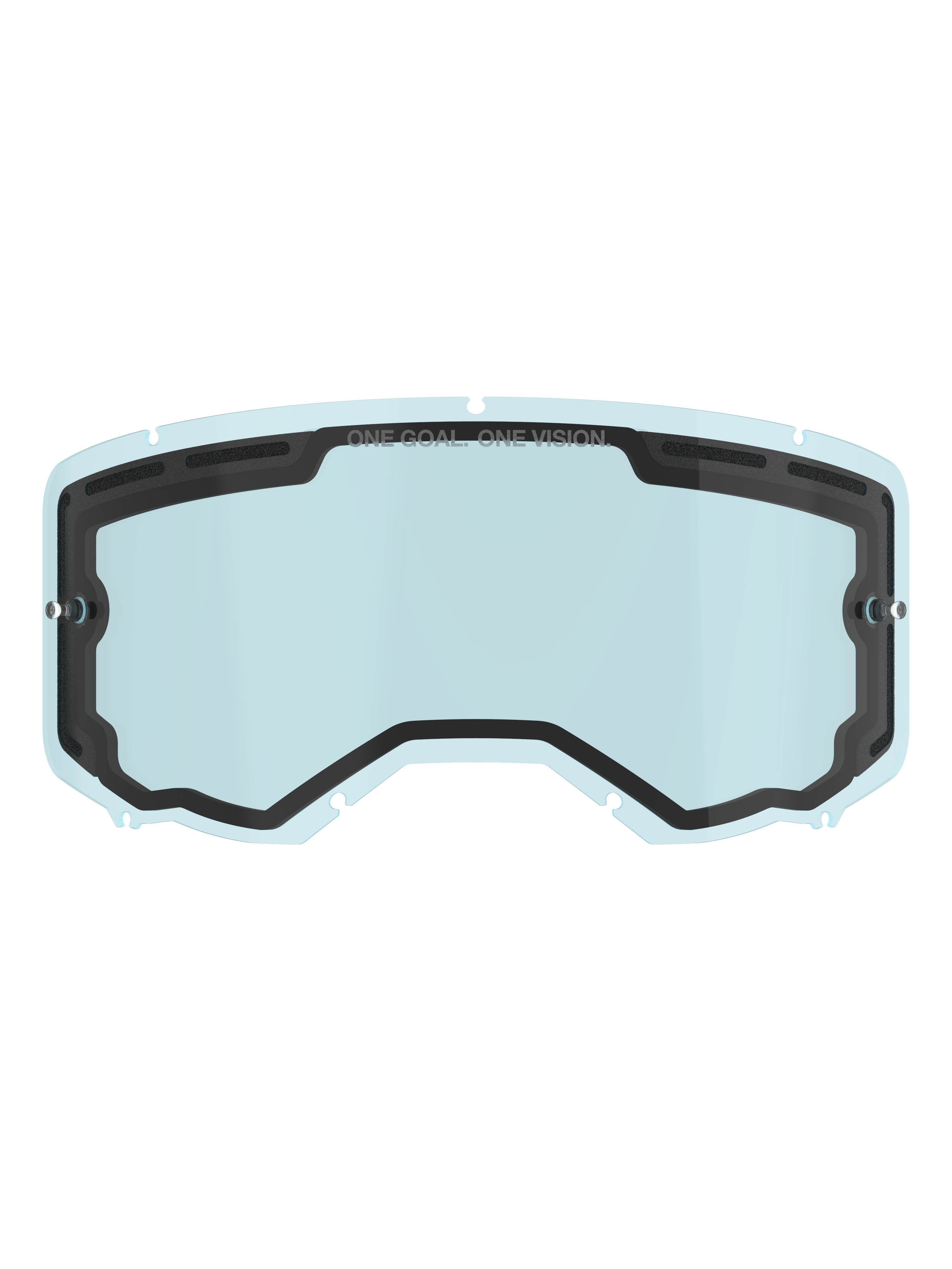 Alpinestars Vision 8-5-3 Dual Pane Lens, Light Blue tinted replacement goggle lens, black inner seal with "ONE GOAL. ONE VISION." branding, side tear-off posts, curved design with top ventilation for motocross and off-road riding