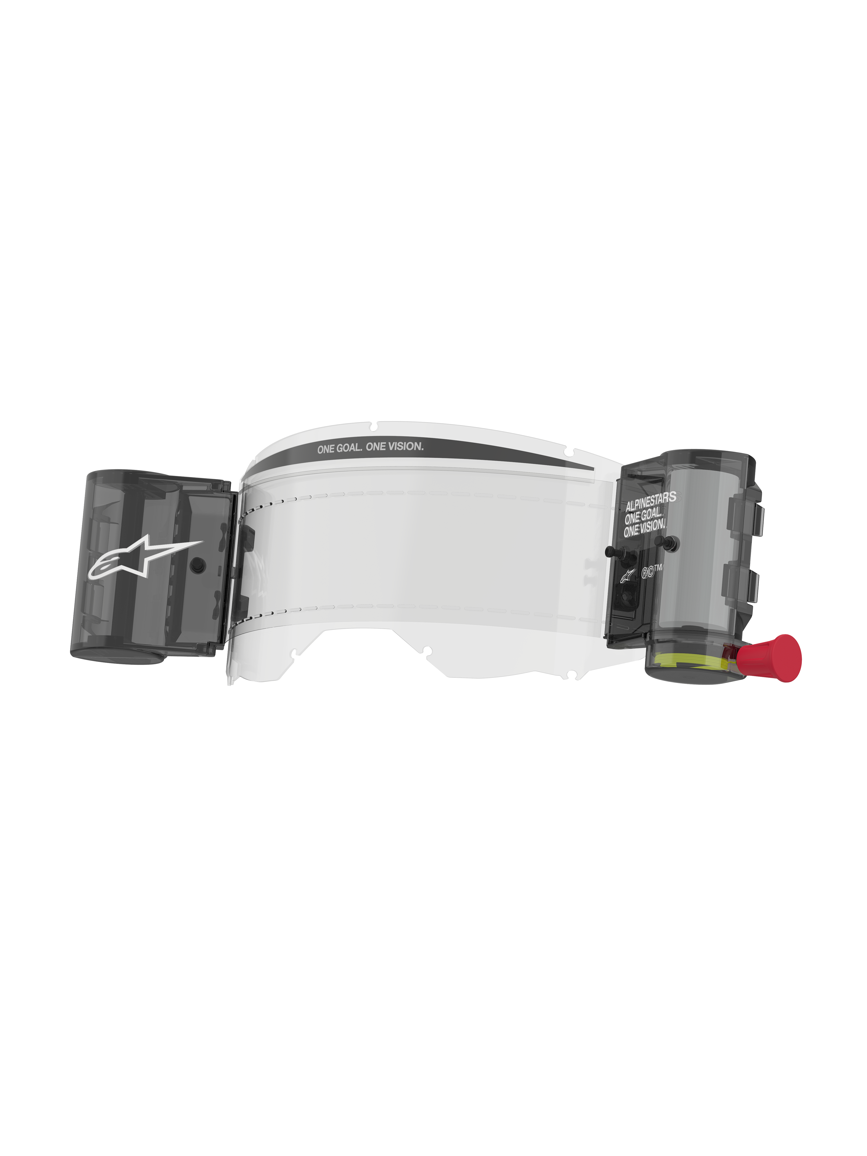 Alpinestars Vision 8-5-3 Roll Film Kit, Transparent Goggle Lens, integrated wide vision roll-off system with smoke-colored canisters, red pull knob, features 'ONE GOAL. ONE VISION.' branding, essential motocross racing accessory for clear visibility