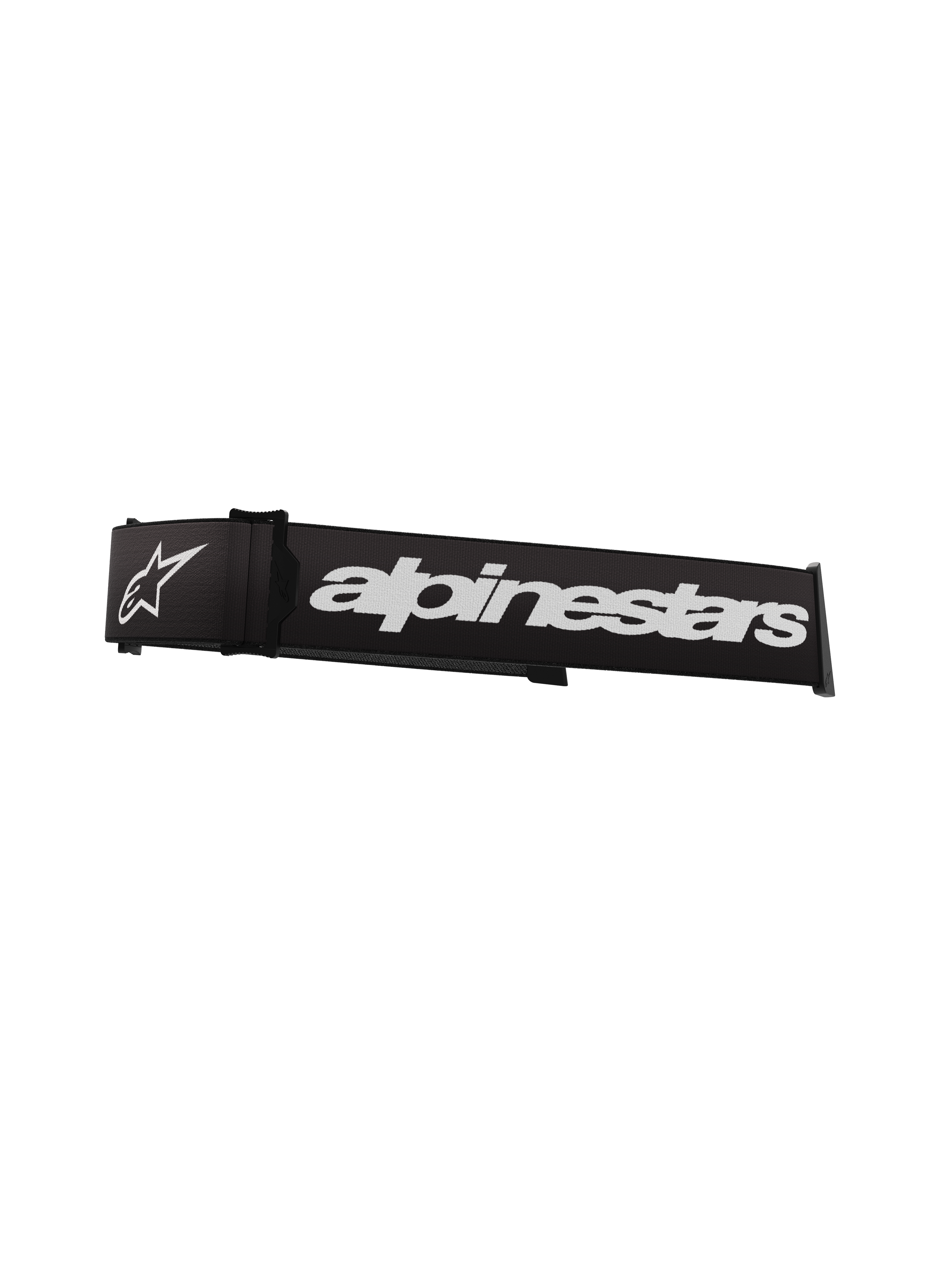 Alpinestars Supertech Goggles Strap, en negro y blanco, con un prominente nombre de la marca y logotipo de estrella en blanco, correa de repuesto de 45 mm para gafas de motocross con tracción de silicona y enganche por clic