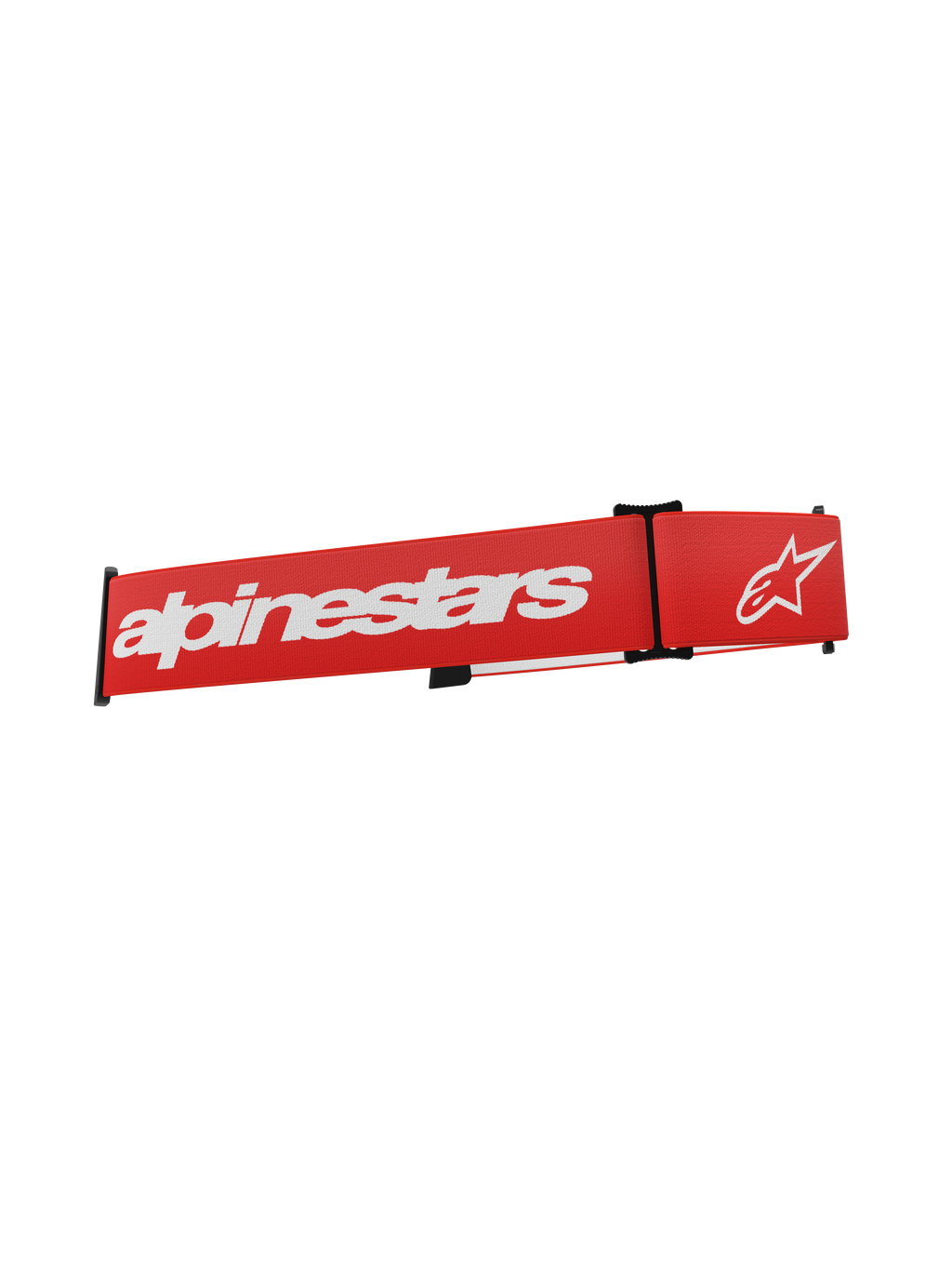 Alpinestars Supertech Goggles Strap, correa de repuesto para gafas de motocross, roja con logotipo y texto de Alpinestars en blanco, clips de ajuste negros y tejido elástico trenzado.