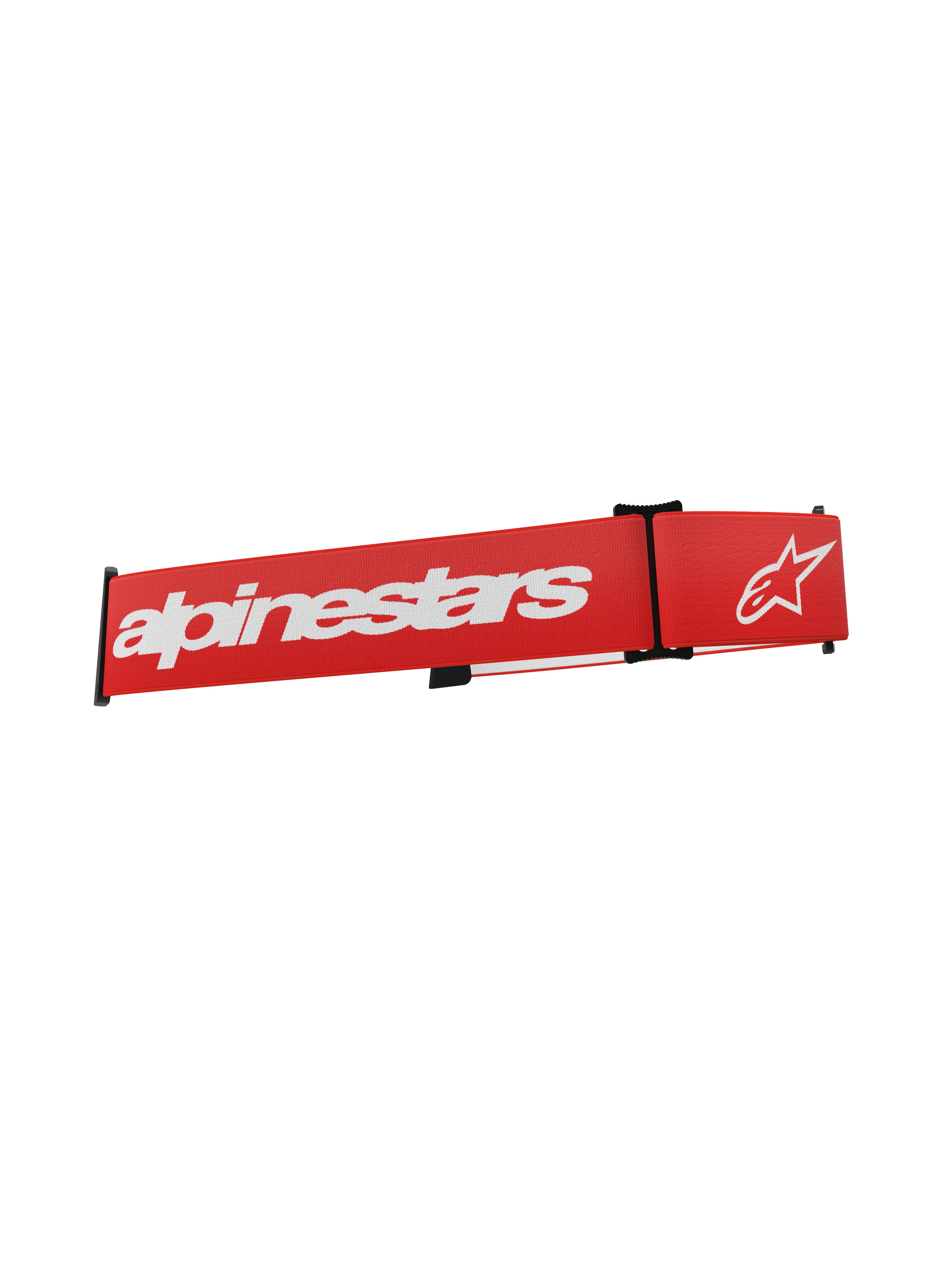 Alpinestars Supertech Goggles Strap, correa de repuesto para gafas de motocross, roja con logotipo y texto de Alpinestars en blanco, clips de ajuste negros y tejido elástico trenzado.