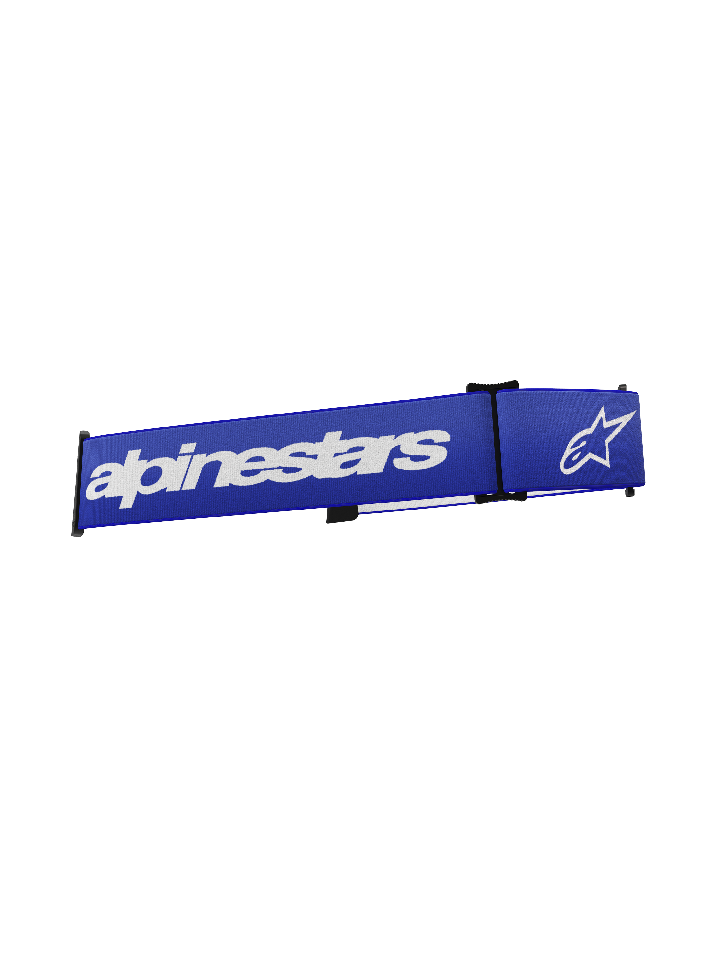 Alpinestars Supertech Goggles Strap, Motocross Goggles Accessory, Blue and White, featuring bold white Alpinestars text and star logo on a vibrant blue woven band, replacement strap with click-on snap interface for off-road racing.
