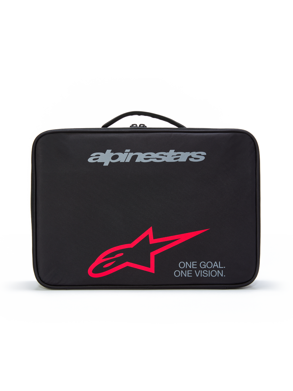 Estuche para gafas Alpinestars Supertech Vision, estuche protector de transporte negro con asa superior, con el logotipo de la marca en gris, logotipo de estrella roja grande y el eslogan 'ONE GOAL. ONE VISION.', almacenamiento duradero para gafas de motocross