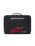 Estuche para gafas Alpinestars Supertech Vision, estuche protector de transporte negro con asa superior, con el logotipo de la marca en gris, logotipo de estrella roja grande y el eslogan 'ONE GOAL. ONE VISION.', almacenamiento duradero para gafas de motocross