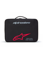Estuche para gafas Alpinestars Supertech Vision, estuche protector de transporte negro con asa superior, con el logotipo de la marca en gris, logotipo de estrella roja grande y el eslogan 'ONE GOAL. ONE VISION.', almacenamiento duradero para gafas de motocross