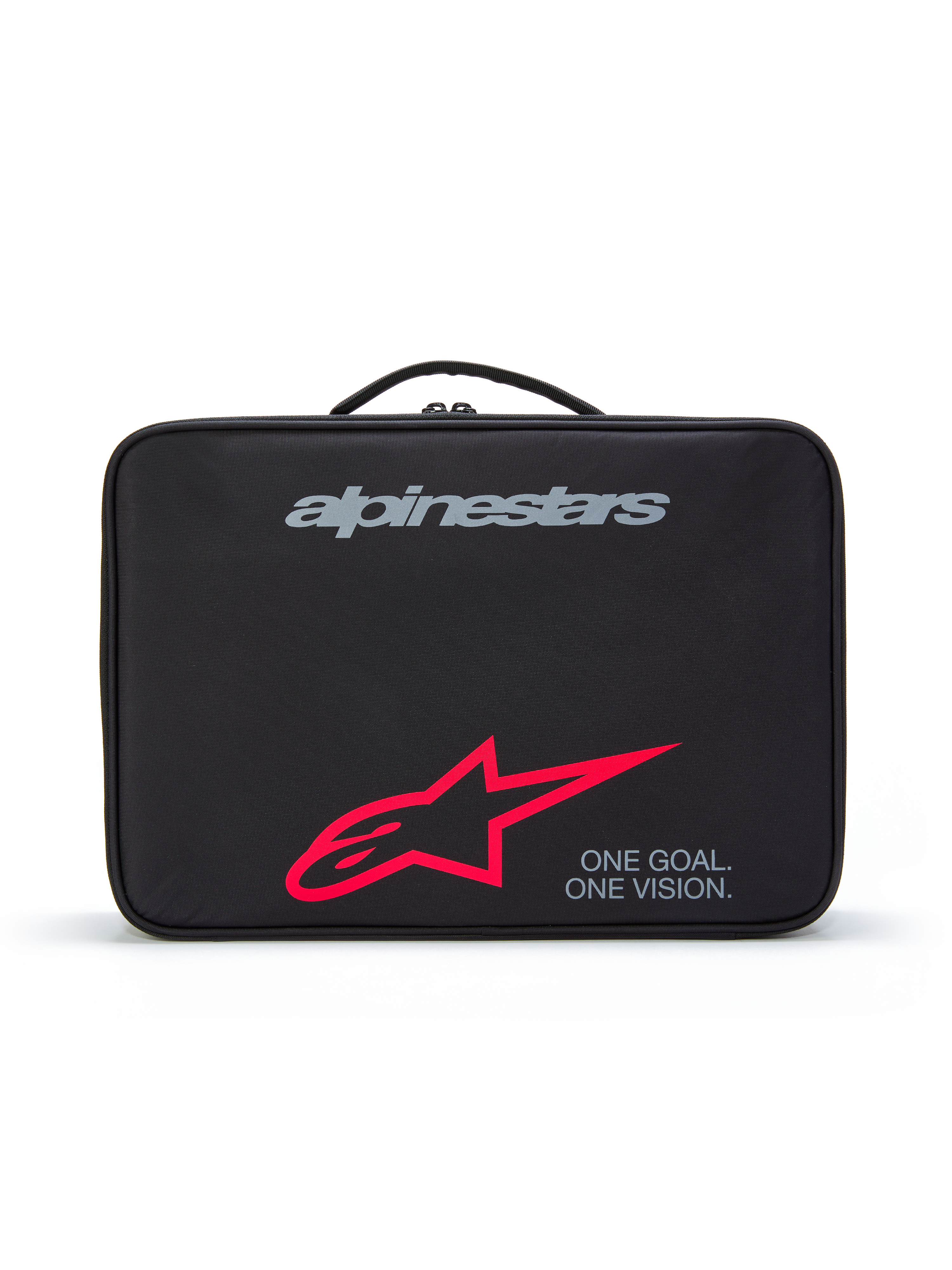 Estuche para gafas Alpinestars Supertech Vision, estuche protector de transporte negro con asa superior, con el logotipo de la marca en gris, logotipo de estrella roja grande y el eslogan 'ONE GOAL. ONE VISION.', almacenamiento duradero para gafas de motocross