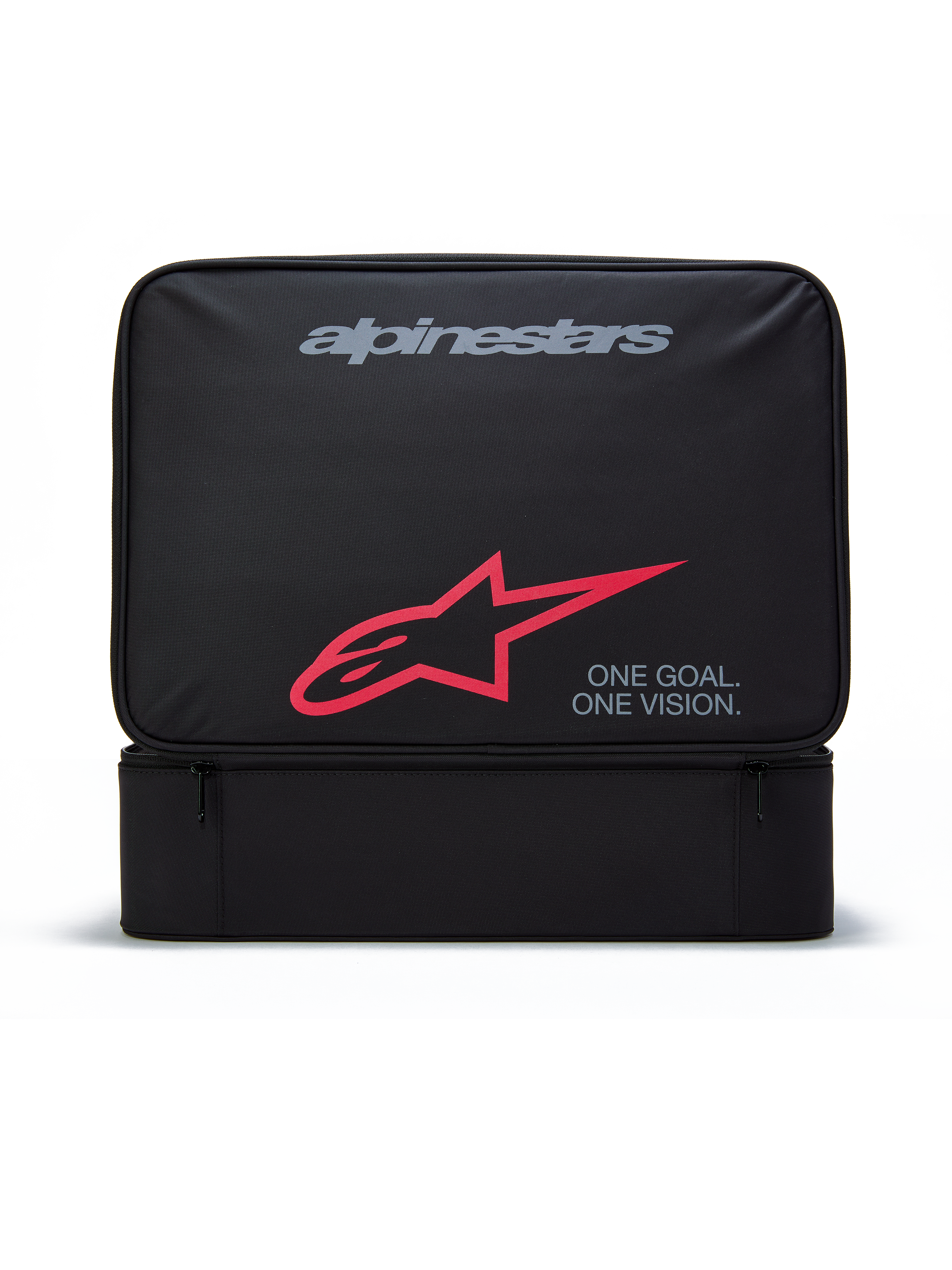 Estuche para gafas Alpinestars Supertech Vision, bolsa de almacenamiento rectangular negra para gafas de motocross, con el logotipo gris de Alpinestars, el símbolo A-star en rojo y el texto "ONE GOAL. ONE VISION.", construcción de poliéster duradero con bolsillo frontal con cremallera