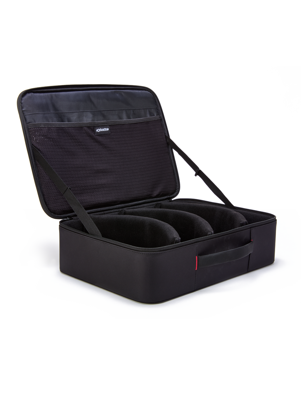 Estuche para gafas Alpinestars Supertech Vision, negro, organizador abierto tipo maletín para gafas de motocross, con divisores modulares precurvados y bolsillos de malla en la tapa, asa acolchada, construcción duradera para almacenamiento de equipo todoterreno