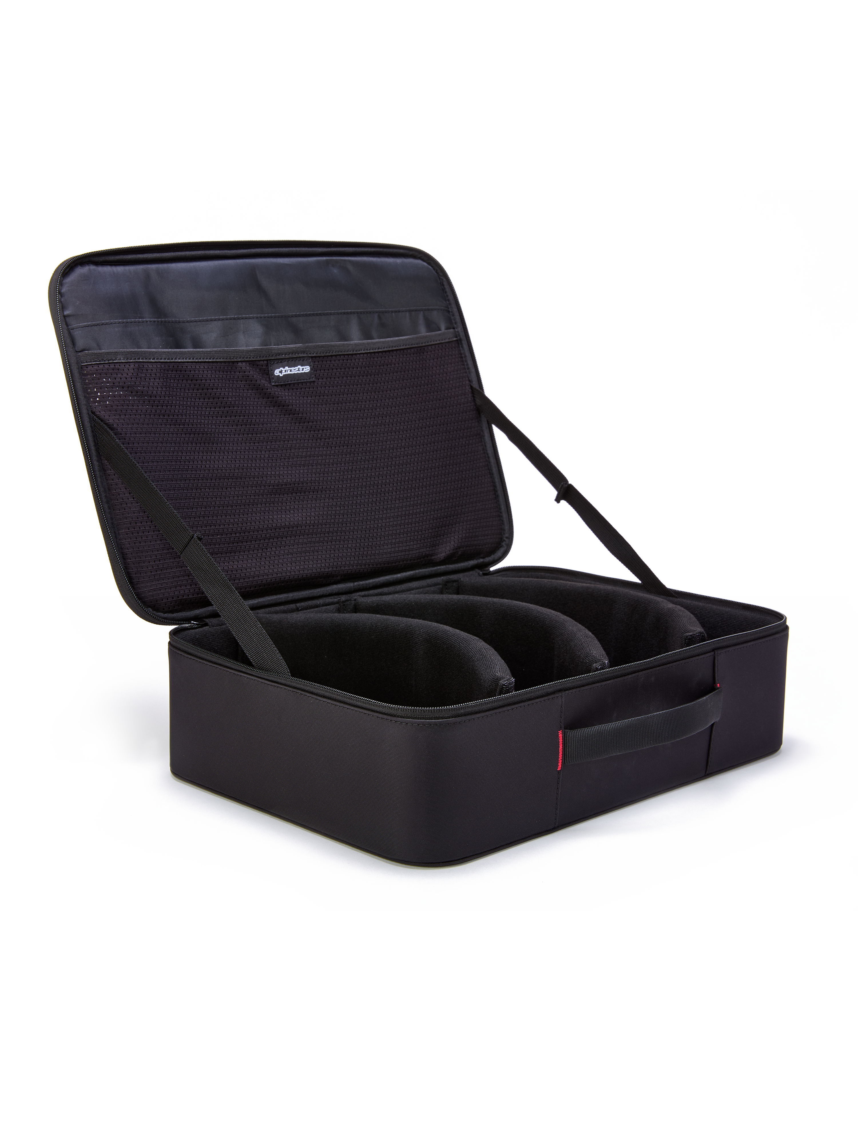 Estuche para gafas Alpinestars Supertech Vision, negro, organizador abierto tipo maletín para gafas de motocross, con divisores modulares precurvados y bolsillos de malla en la tapa, asa acolchada, construcción duradera para almacenamiento de equipo todoterreno