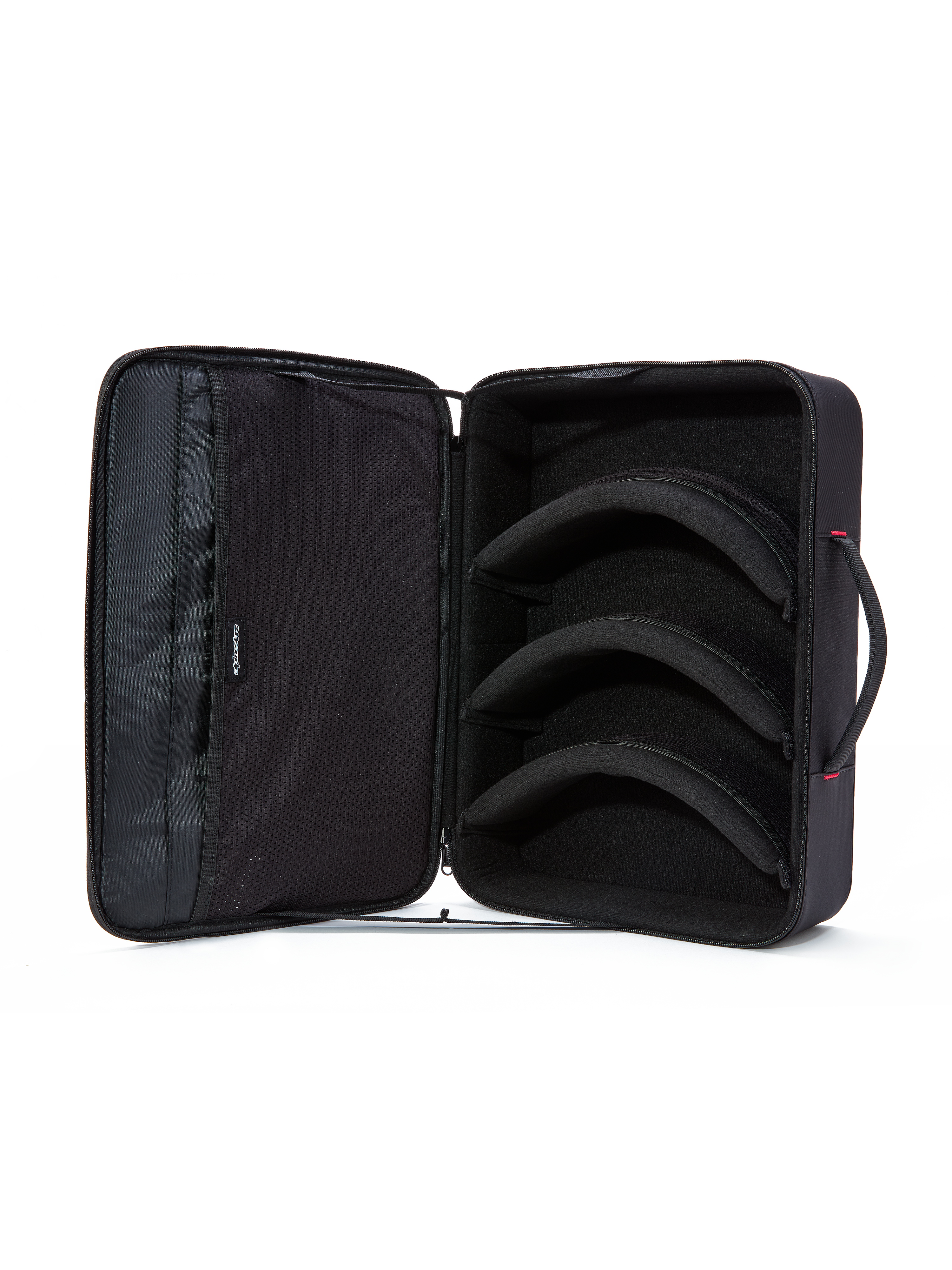 Alpinestars Estuche para Gafas Supertech Vision, negro, vista interior abierta, tres divisores modulares precurvados para el almacenamiento de lentes y gafas, bolsillos de malla suave en la tapa para accesorios, diseño horizontal estilo maletín con asa acolchada, organizador protector de equipo de motocross