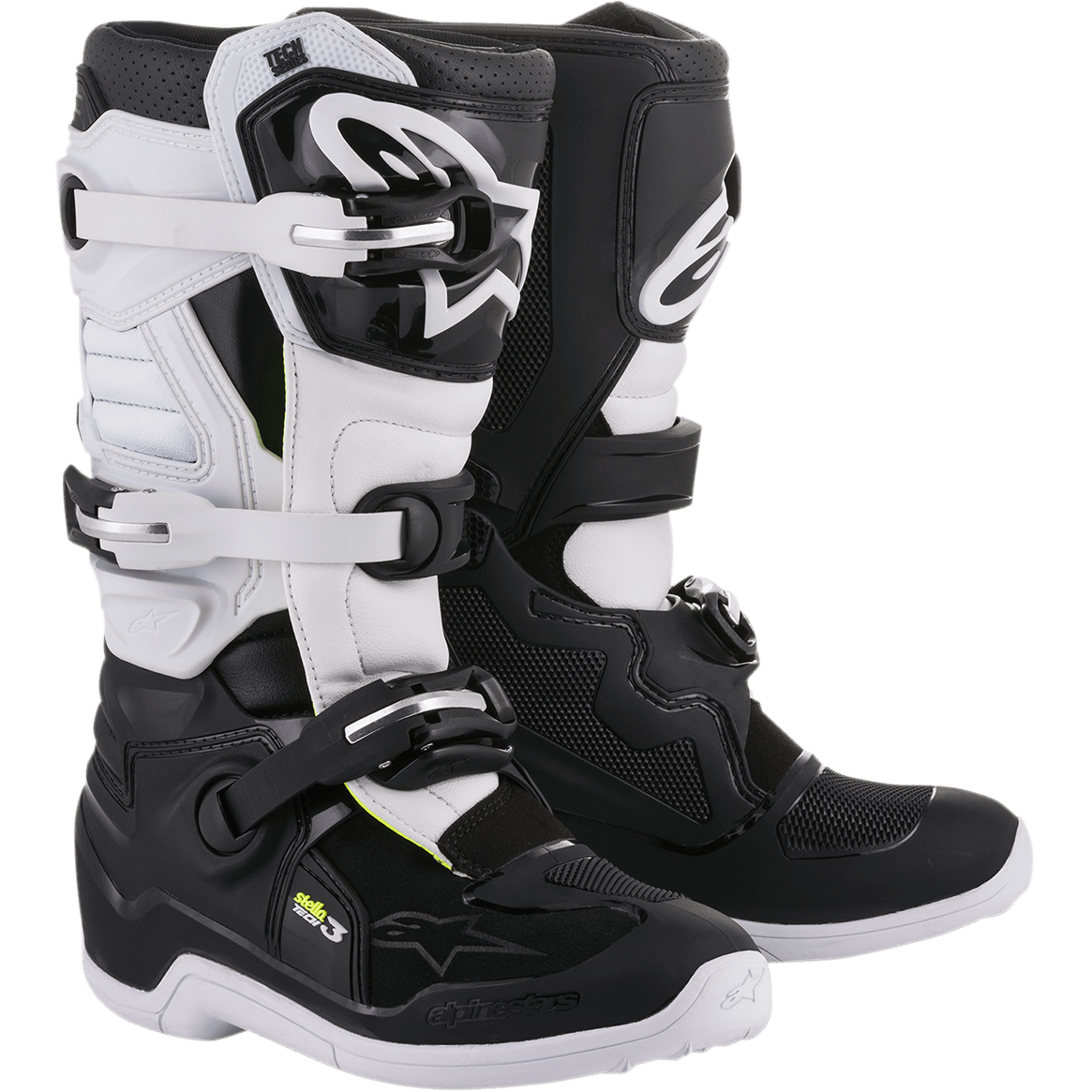 Alpinestars Stella Tech 3 para mujer, botas de motocross y off-road, negras y blancas, sistema de cierre de tres hebillas, placas de espinilla de TPU blanco con marca Alpinestars, parte superior de microfibra negra con paneles blancos, suelas blancas, calzado protector de alto rendimiento para mujeres pilotos